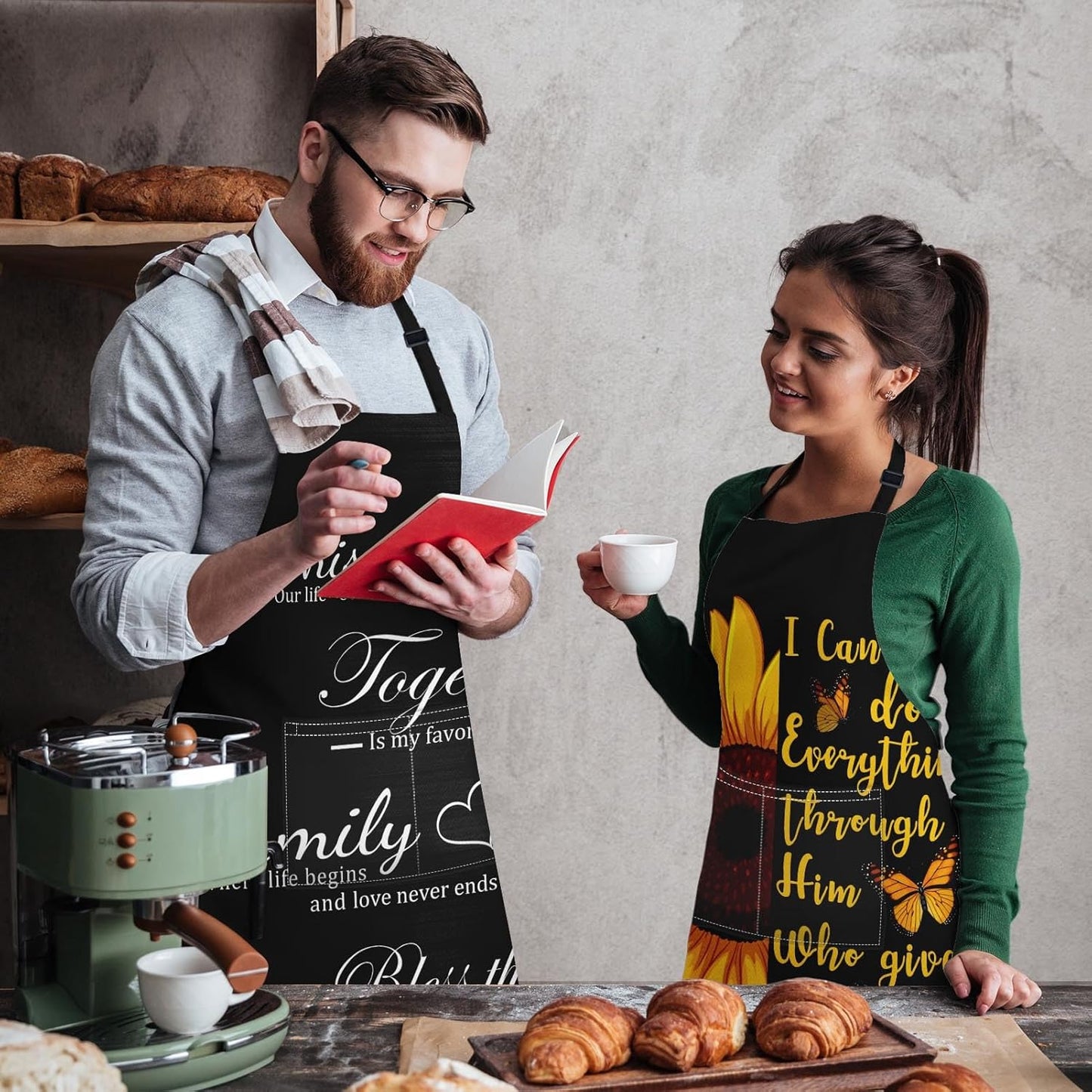 2 Pack Aprons, Sunflower Butterfly Adjustable Bib Aprons with 2 Pockets for Women Men Couple Lovers Chef Home Kitchen Cooking Baking Gardening Black Yellow Apron 32x28 Inches