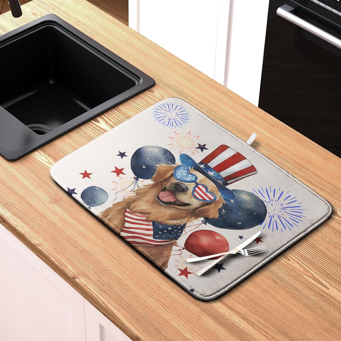 4th of July Patriotic Dog Dish Drying Mat 16 x 18 Inch US Independence Day Blue White Red Kitchen Drying Mat Firework Holiday Dish Drainer Mats Super Absorbent Dish Rack Pad for Kitchen Counter