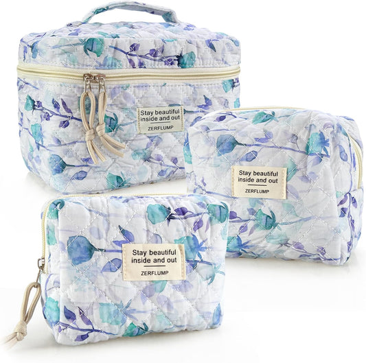 Cute Quilted Floral Makeup Bag(3Pcs)，Coquette Aesthetic Cosmetic Bag，Travel Toiletry Bags， Kawaii Aesthetic pouch for Women (2 - Long Branch Flower)