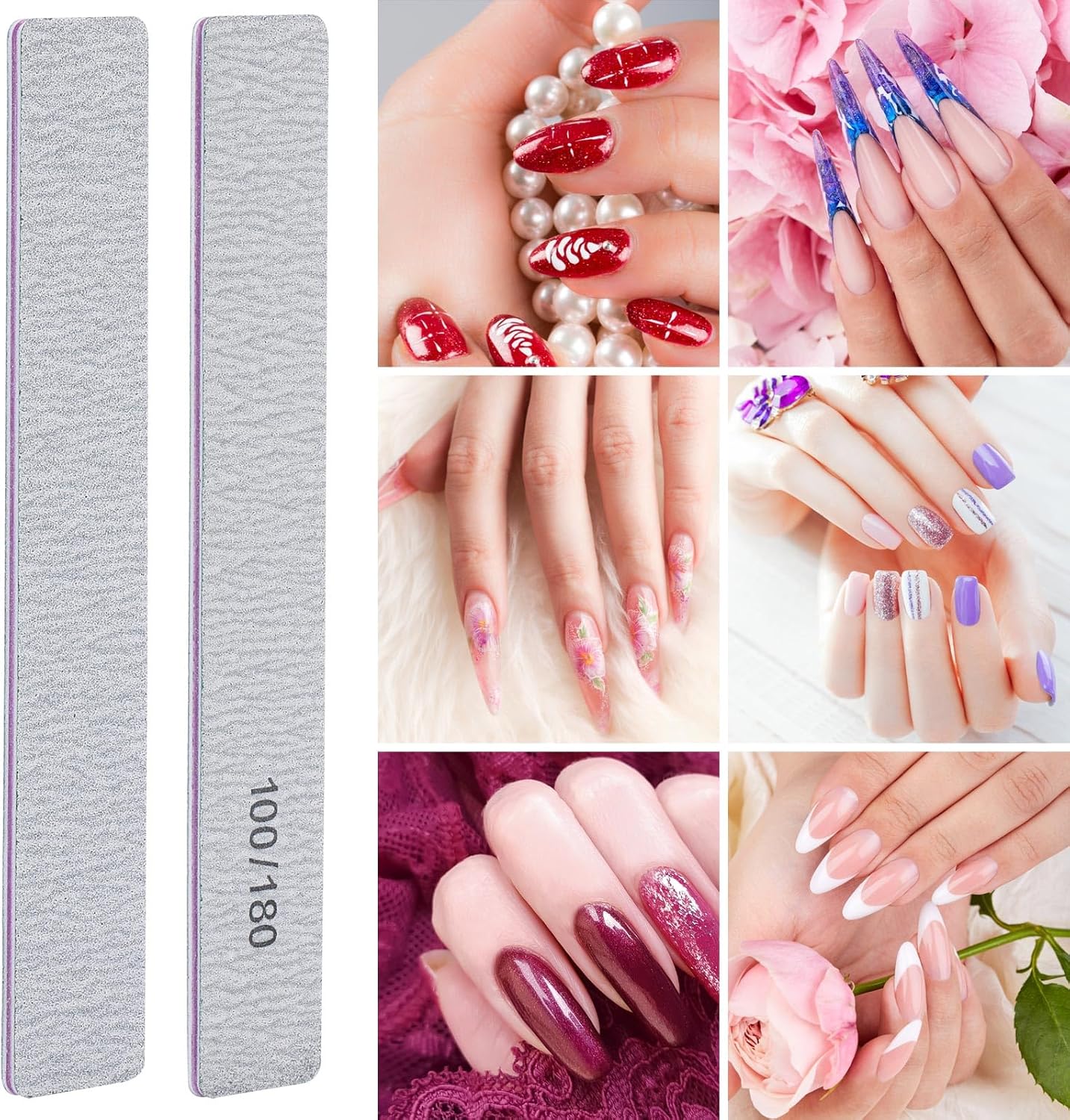 100/180 Grit Nail Files for Acrylic Nails, Rectangle Double Sides Emery Boards Fingernail Files Professional Nail Buffering Files, 12 Pack