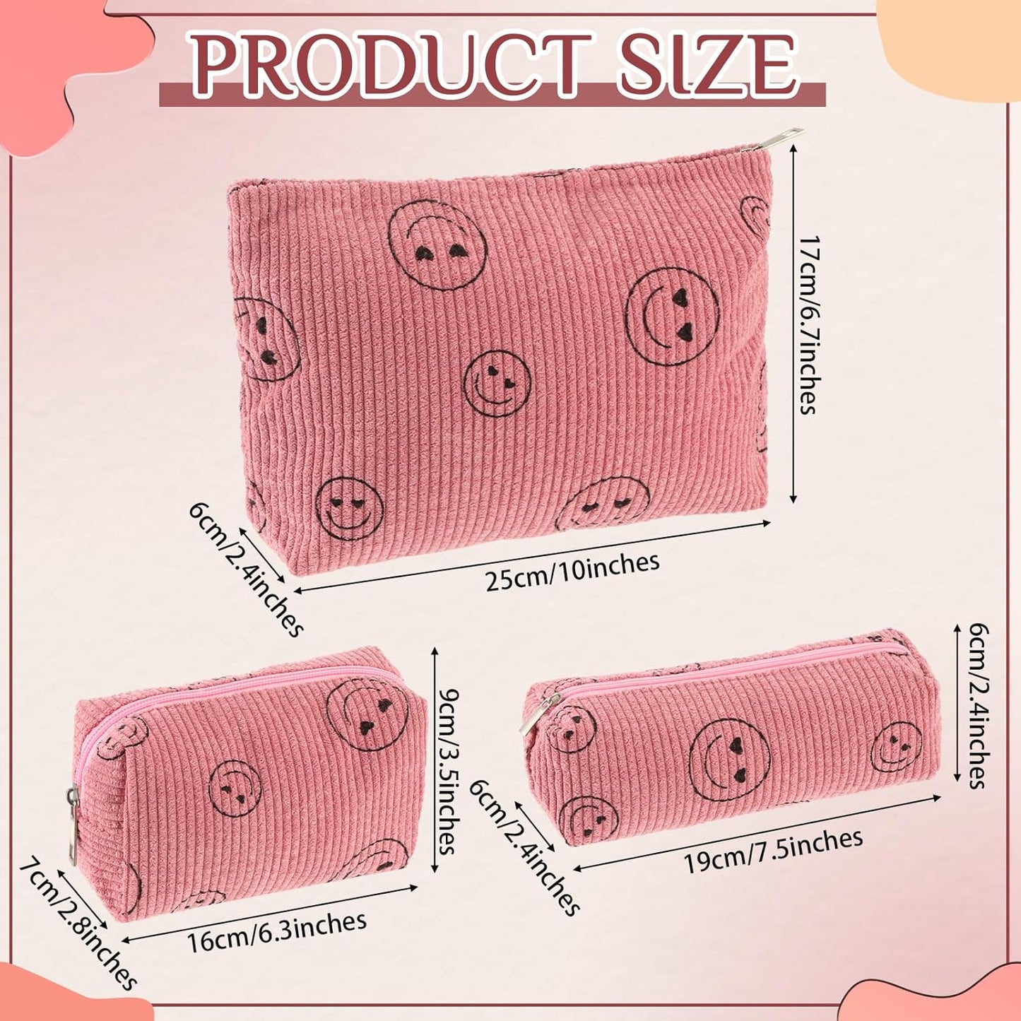 3 Pcs Makeup Bag Set for Women Corduroy Cosmetic Pouch Aesthetic Smile Travel Toiletry Bag Cute Purse Pouch Pencil Case Makeup Brushes Storage Organizer for Christmas(Pink,Smile Face)