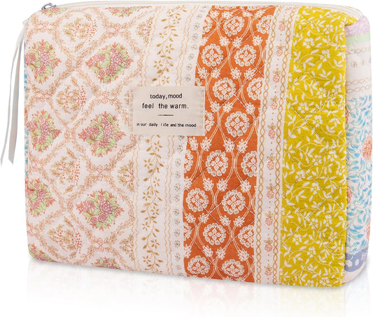 Floral Makeup Bag, Small Cosmetic Bag for Women Girls, Cute Cotton Makeup Bag, Quilted Makeup Bags, Flower Travel Toiletry Organizer Bag(Color-Coded Floral)