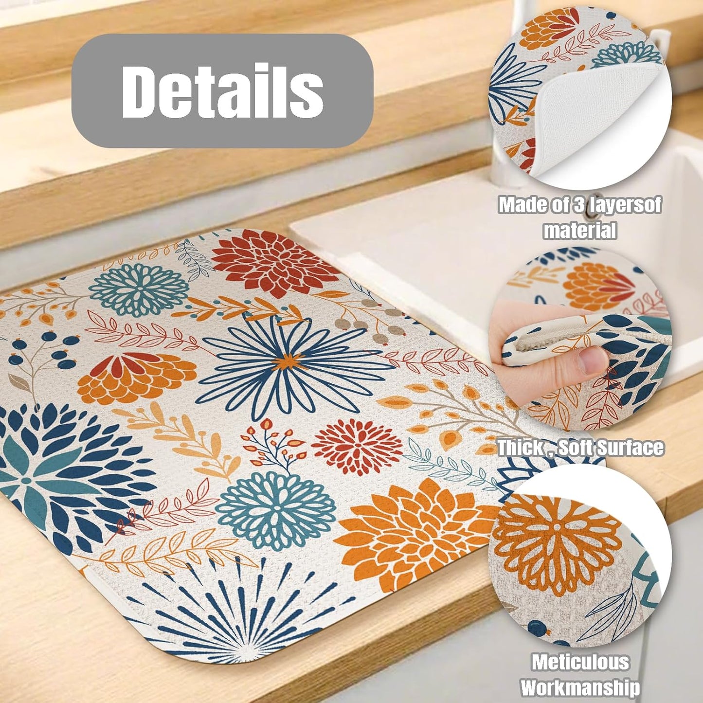 Dish Drying Mat for Kitchen Counter Large 16" x 18" Modern Flower Absorbent Microfiber Dishes Drainer Rack Mats Pad Reusable Washable