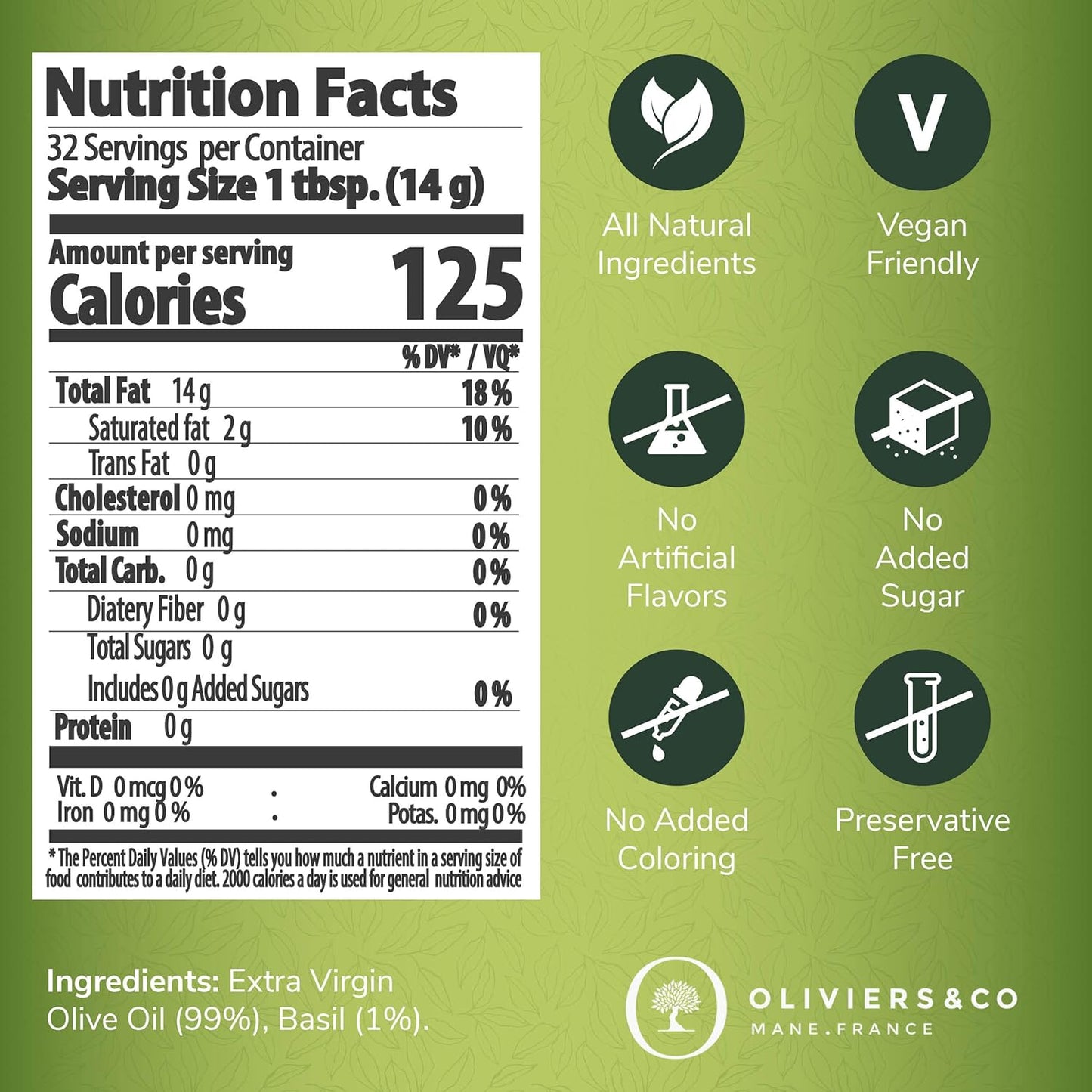 Fresh Basil Olive Oil by Oliviers & Co. | Cold Pressed Extra Virgin Olive Oil | Everyday and Cooking EVOO from Italy | Gourmet Flavored Oil in Tin Can | (16.8 Fl Oz (Pack of 1), Fresh Basil)