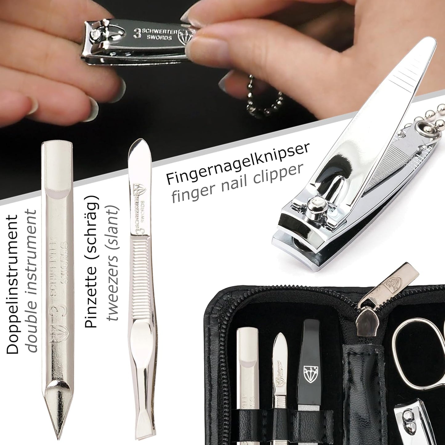 3 Swords Germany - brand quality 5 piece manicure pedicure grooming kit set for professional finger & toe nail care with synthetic leather case black - Made in Germany