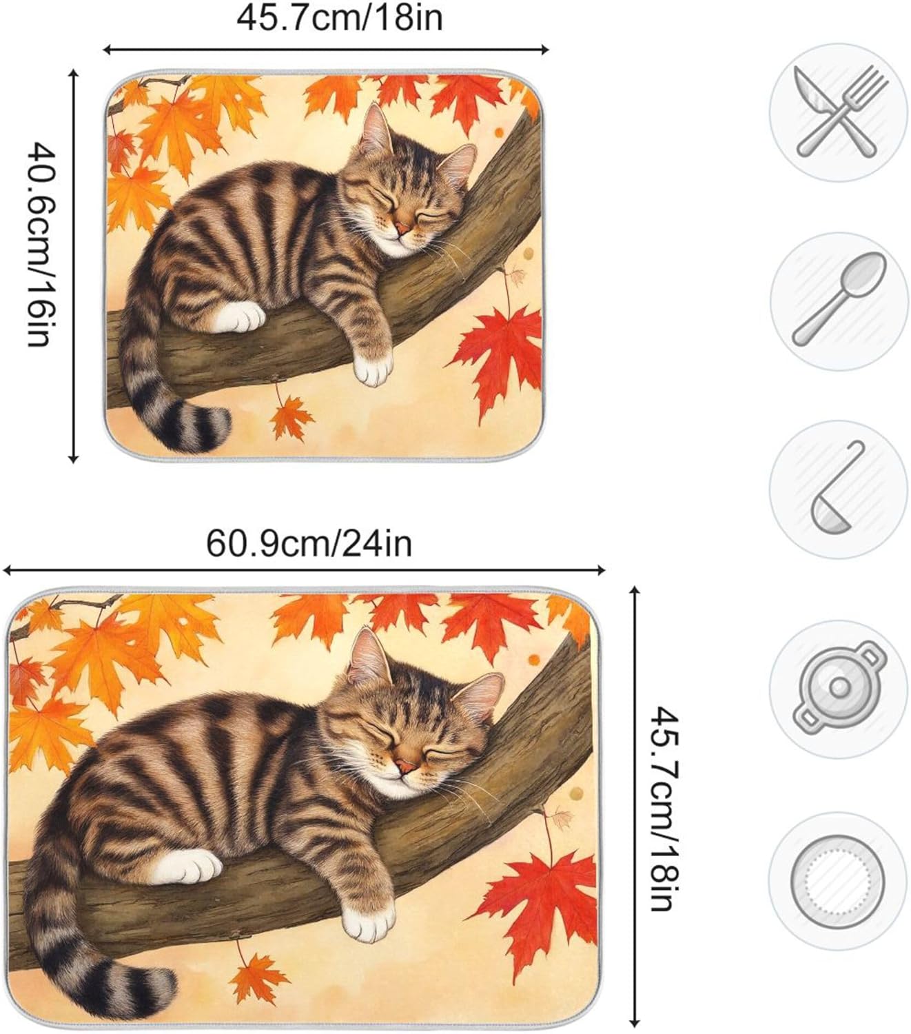 Fall Cats Dish Drying Mat for Kitchen Countertop 18x24 Autumn Maple Leaves Kitty Thanksgiving Day Large Drying Mat Reusable Quick Dry Dish Sink Mats Easy Clean Decorative Essentials