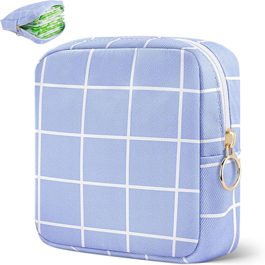 Desing Wish Period Bag Pouch Soft Cloth Sanitary Napkin Storage Bag Portable Menstrual Pad Pouches Tampon Holder for Purse First Period Kit for Girls 9-12 (Sky Blue Plaid)