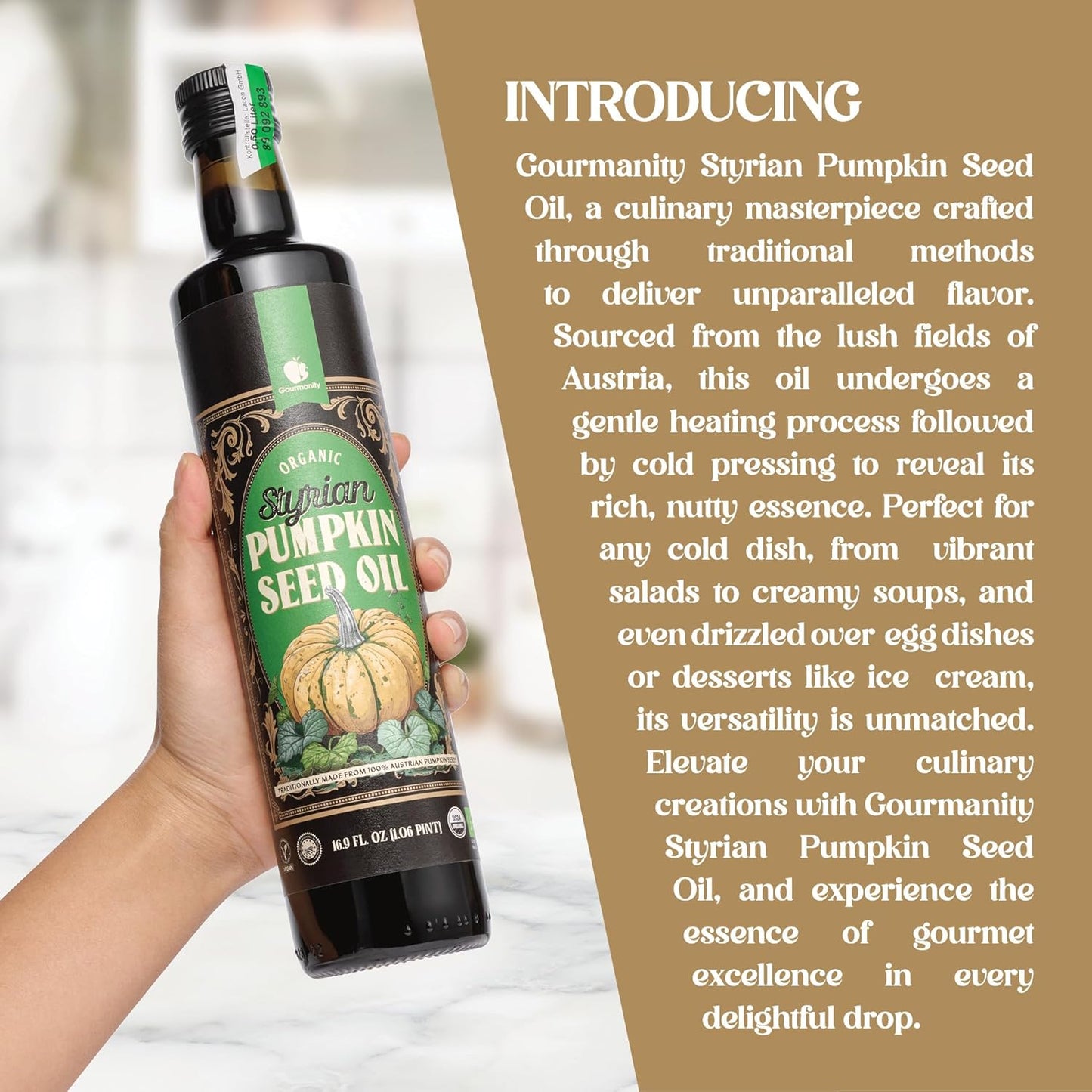 Gourmanity Organic Cold Pressed Styrian Pumpkin Seed Oil, Traditionally Made in Austria, 100% Pure Healthy and Delicious Oil, Non-GMO, Vegan and Keto Friendly, Perfect Drizzled Over Salads, 16.9 oz