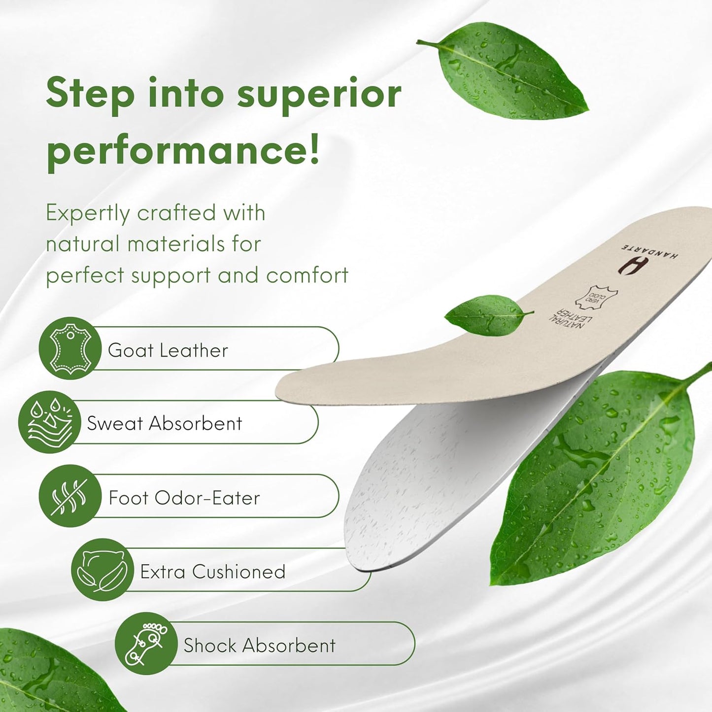 HANDARTE Leather Orthopedic Insoles | Padded Comfort Shoe Inserts for Men | 100% Natural Goatskin - ChromeFree, Anti Sweat & Anti-Odor - Suitable for No-Socks (US M13 | EU48)