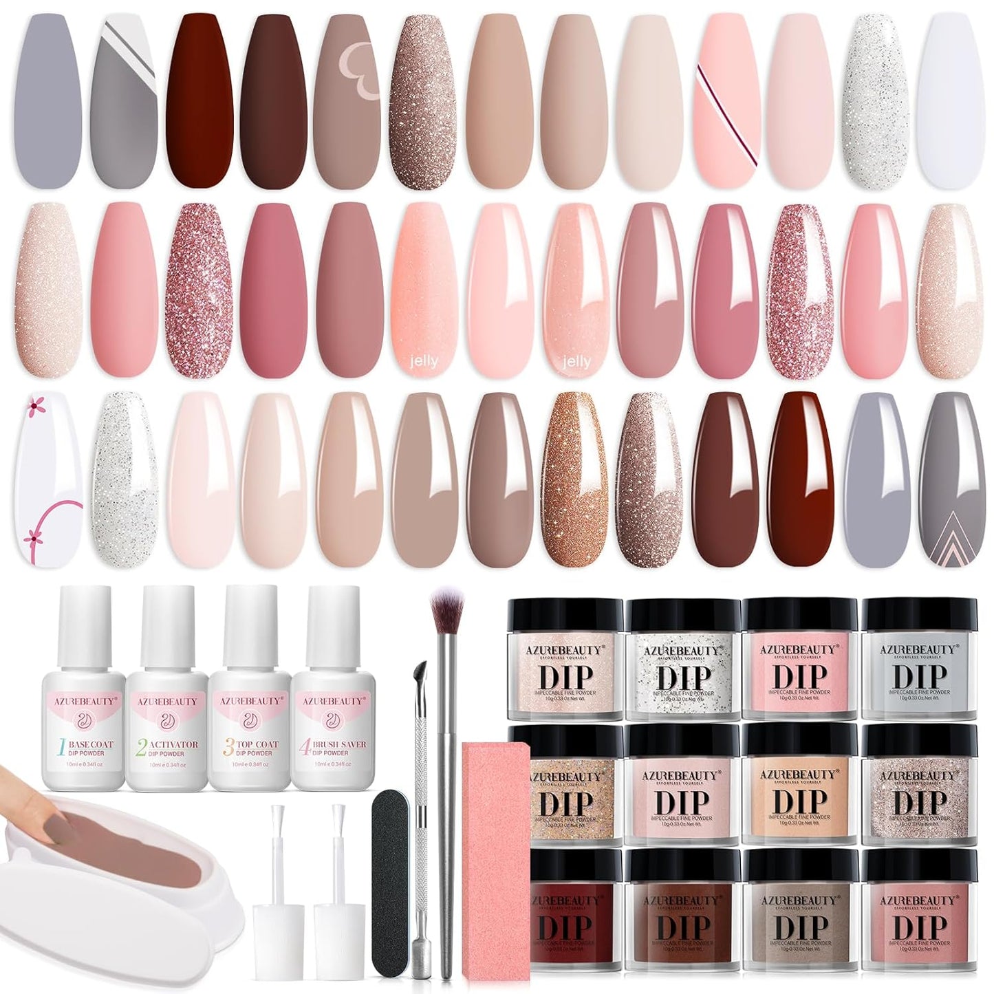 AZUREBEAUTY 29 Pcs Dip Powder Nail Kit Starter, 20 Colors Summer Pastel Pink Red Orange Glitter Acrylic Dipping Powder Liquid Set with Base&Top Coat Activator French Nail Art Manicure DIY Salon Gifts
