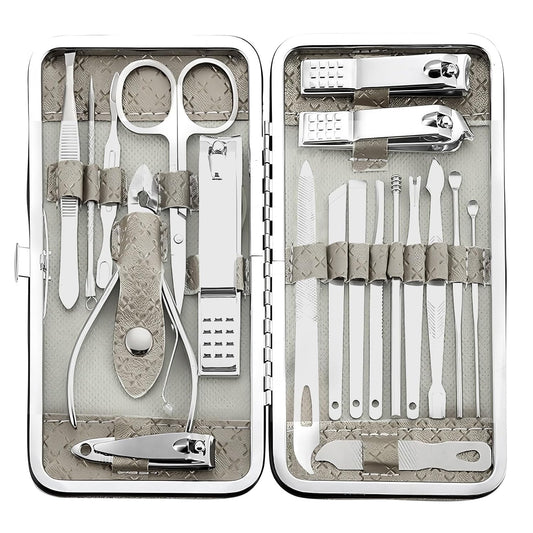 Manicure Set - 19 in 1 Professional Nail Clippers Pedicure Kit, Manicure Tool Kit, Stainless Steel Facial Grooming Set Kit, Gift Idea for Women, Men, Girls, Teens, Grey