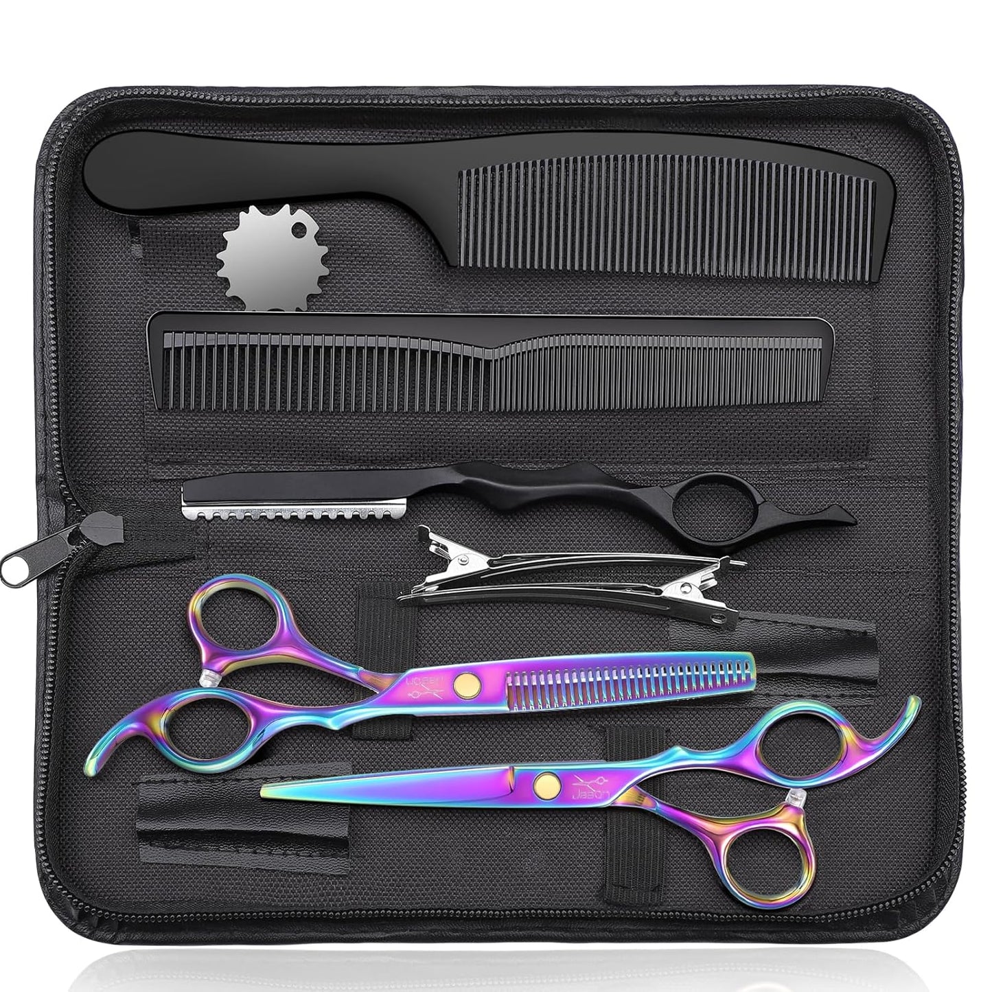 JASON Professional 10-Piece Haircut Scissors Kit - Texturizing Scissors with 30 Teeth, Straight Shears for Barber, Hairdresser, Men, Women, Stylist (6.7", Rainbow)