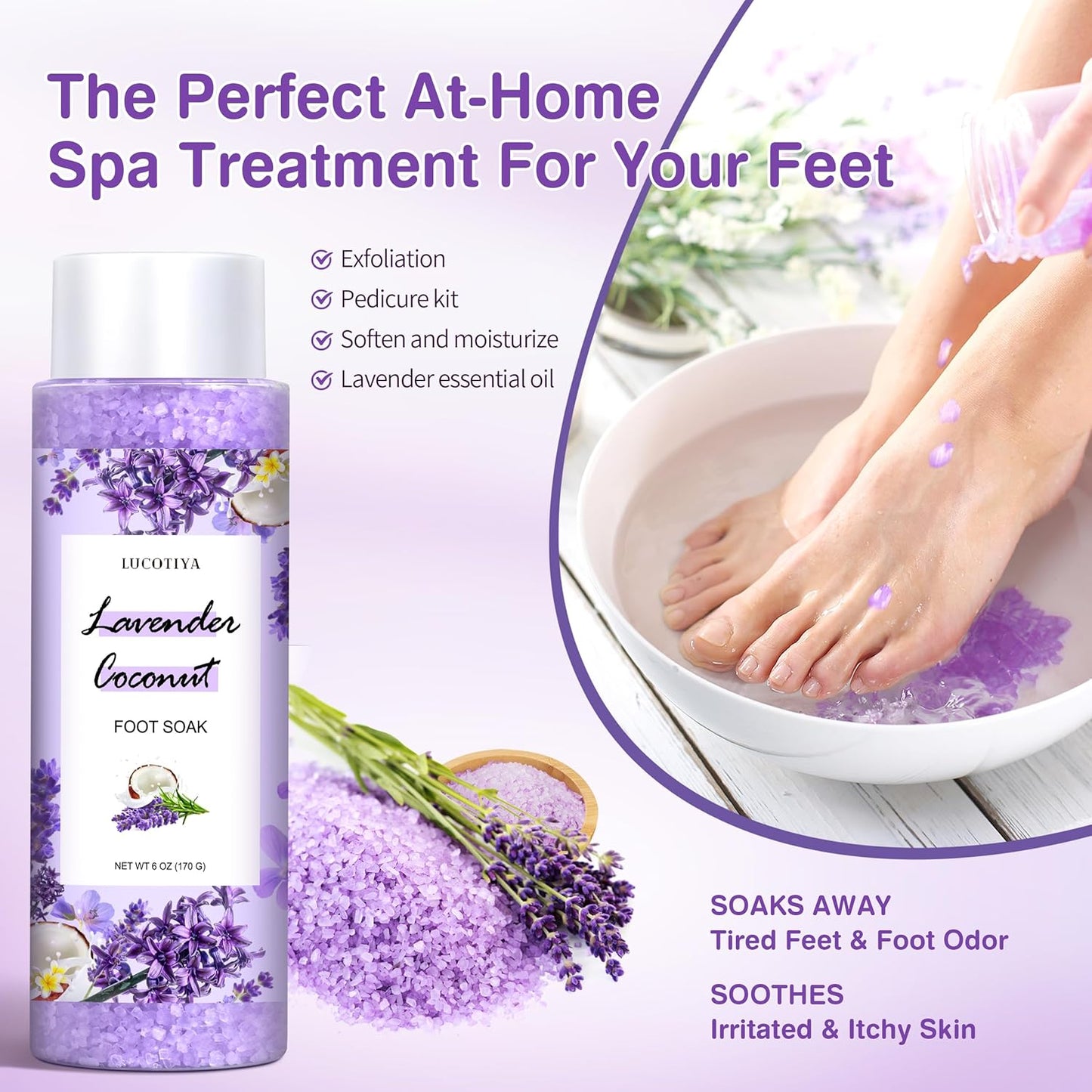 Lavender Foot Soak Set - Salts, Foot File, Scrub & Urea Cream Pedicure Supplies for Dry, Cracked Feet - Women's Spa Kit
