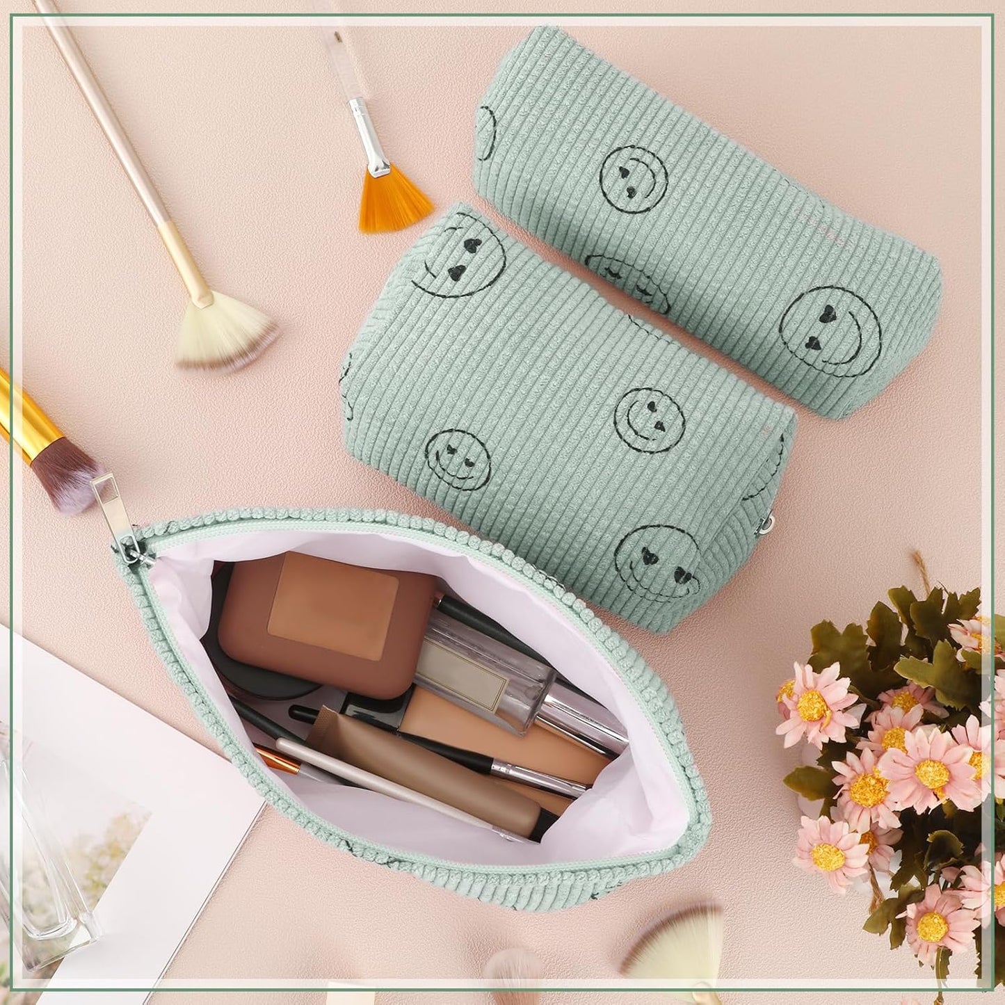 3 Pcs Makeup Bag Set for Women Corduroy Cosmetic Pouch Aesthetic Smile Travel Toiletry Bag Cute Purse Pouch Pencil Case Makeup Brushes Storage Organizer for Christmas(Green,Smile Face)