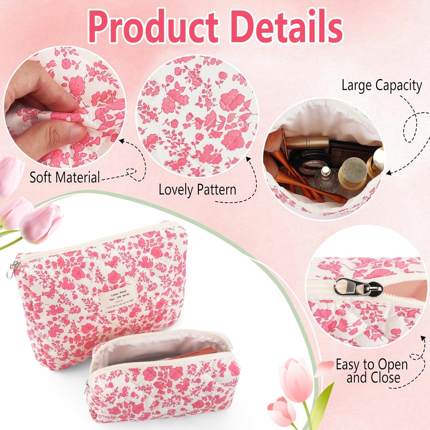 2Pcs Quilted Makeup Bag Set Flower Cute Pencil Case Large Small Travel Makeup Pouch Set for Women Coquette Makeup Bag Aesthetic Cotton Cosmetic Bag Pink Toiletry Organizer Storage Bag Big Zipper Pouch