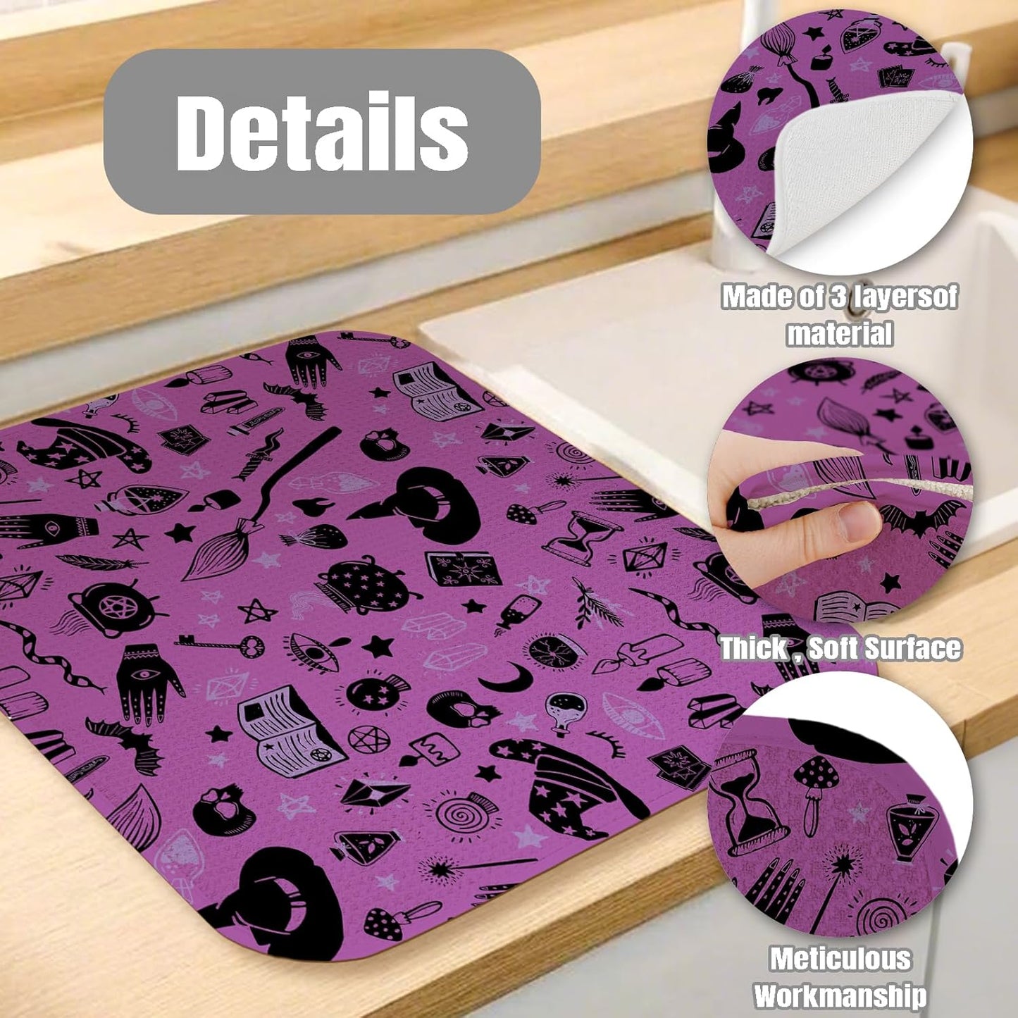 Dish Drying Mat for Kitchen Counter Large 18" x 24" Purple Halloween Witch Absorbent Microfiber Dishes Drainer Rack Mats Pad Reusable Washable