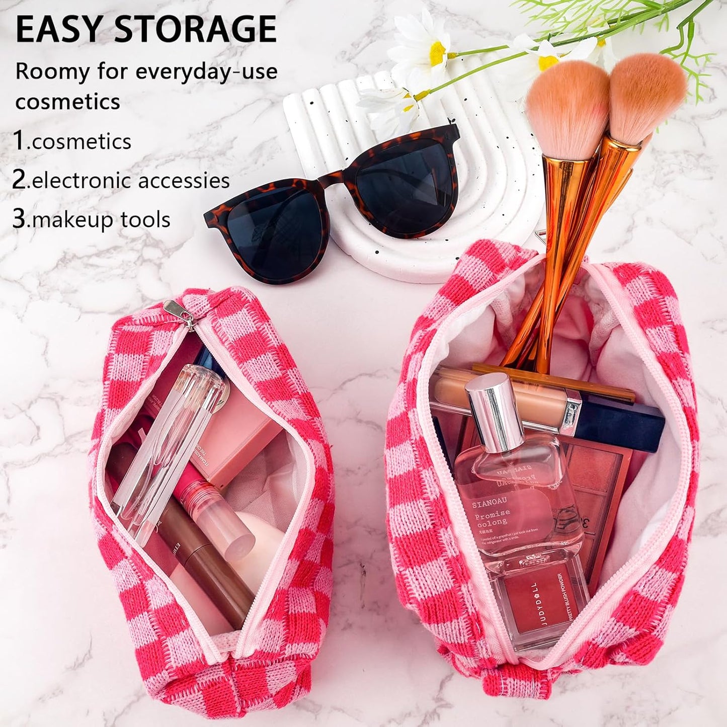 2Pcs Checkered Pencil Case Cute Pencil Pouch for Teens Checkered Makeup Bag Travel Cosmetic Bag Set Cute Makeup Pouch for Purse Portable Zippered Skincare Bags Preppy Toiletry Bags Organizer(Pink)