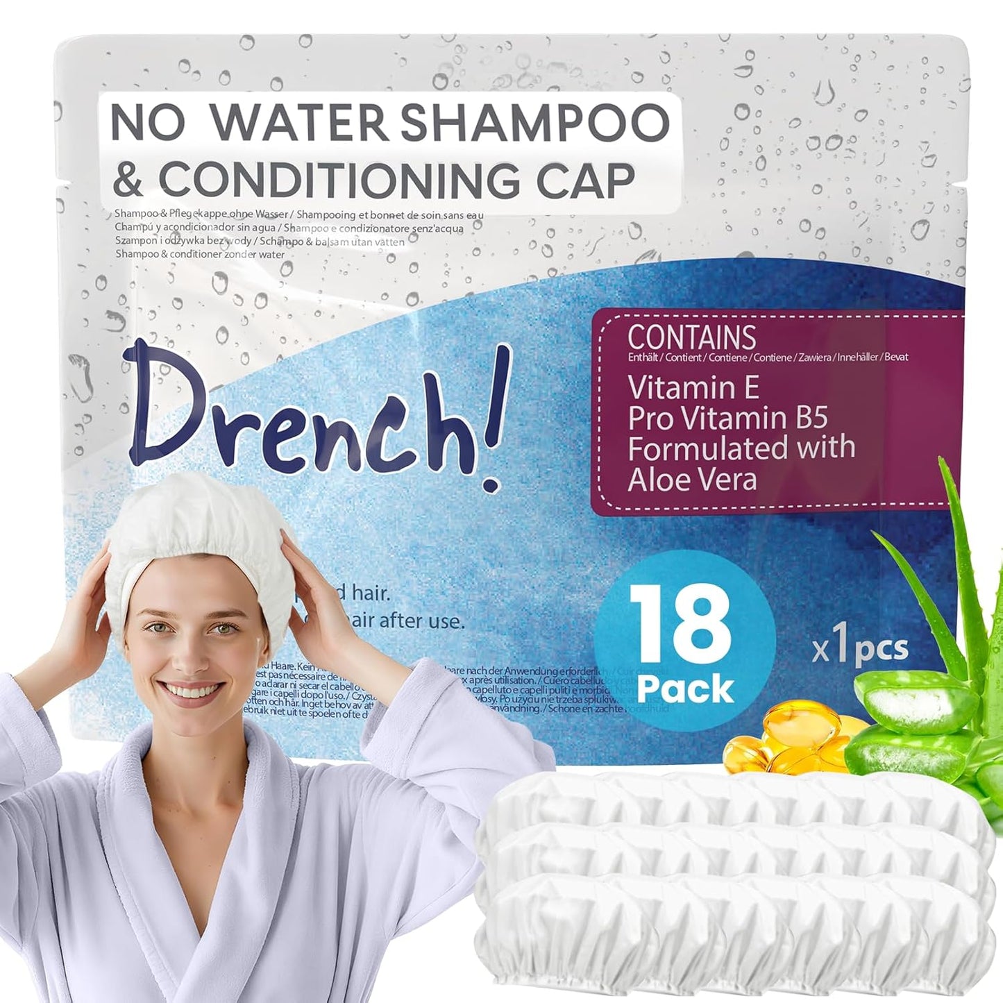 Drench No Water Hair Washing Cap - Waterless Shower Caps with Shampoo and Conditioner - Disposable Rinse Free Wash Aids - Ideal for Elderly and Disabled - Pack of 18
