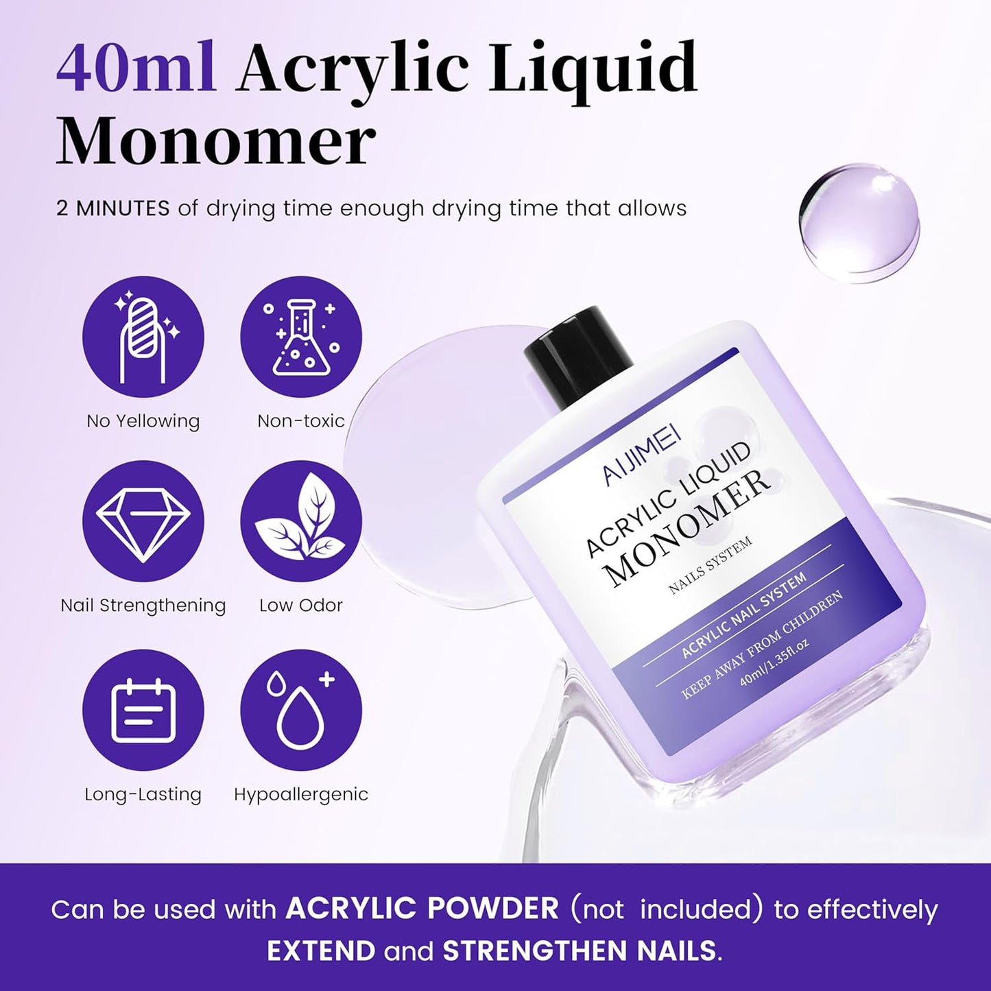 AIJIMEI Acrylic Liquid Monomer for Long Lasting 40ml Acrylic Liquid Professional Nail Art Supplies Suitable for Salon and Home (1pcs)