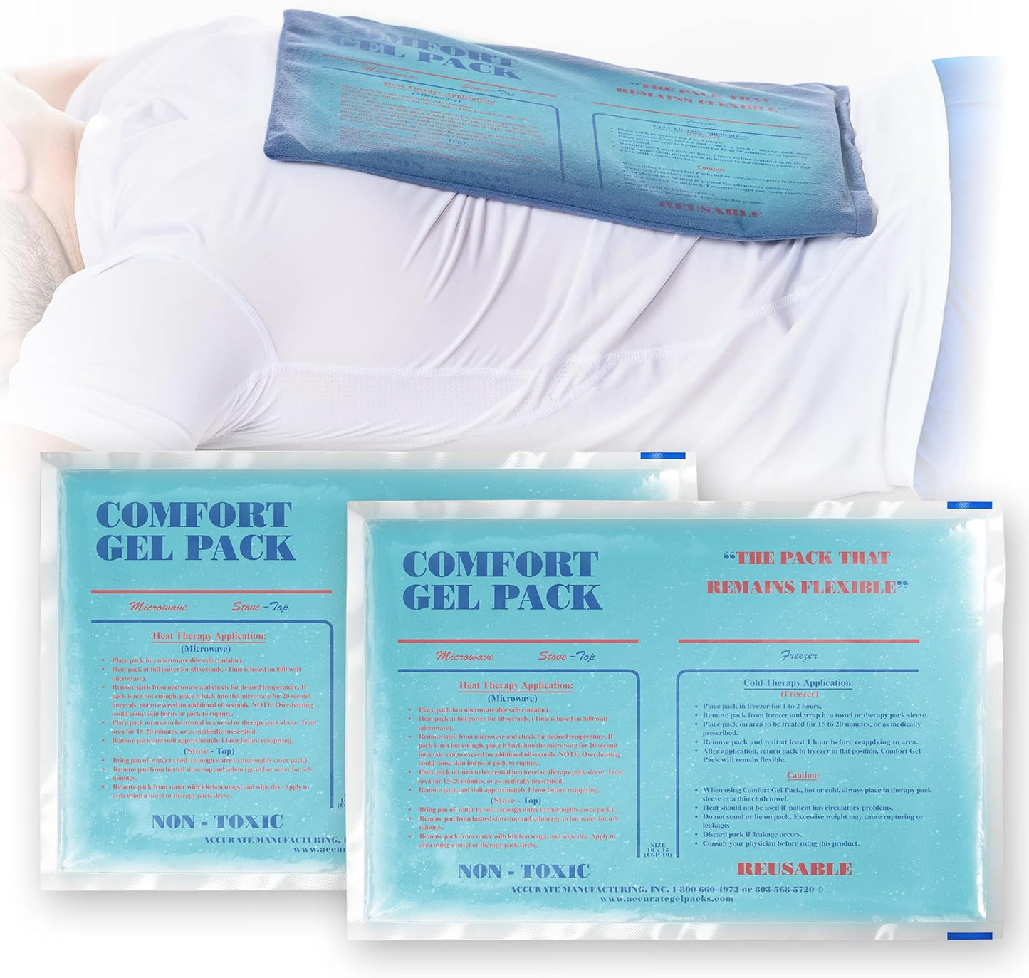 Flexible Reusable Gel Packs for Neck, Wrist, Arm, Back and Shoulder Pain Relief - Versatile Hot or Cold Gel Packs for Injuries, Sore Muscles or Toothache Pain Relief, Blue, 10" x 15", 2 Pack