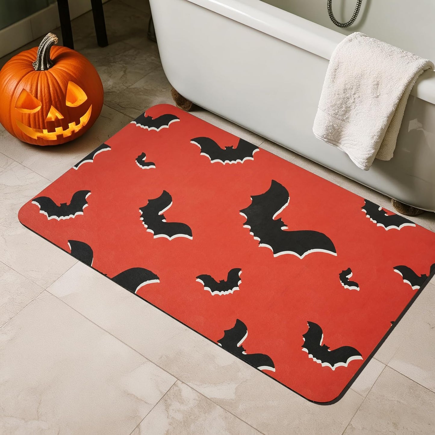 Halloween Bath Mat, Thin Halloween Bathroom Rug Non Slip Quick Dry Bat Bath Mat Fits Under Door Thin Floor Mat Halloween Decor, 17''x30'', Gothic Bats Orange