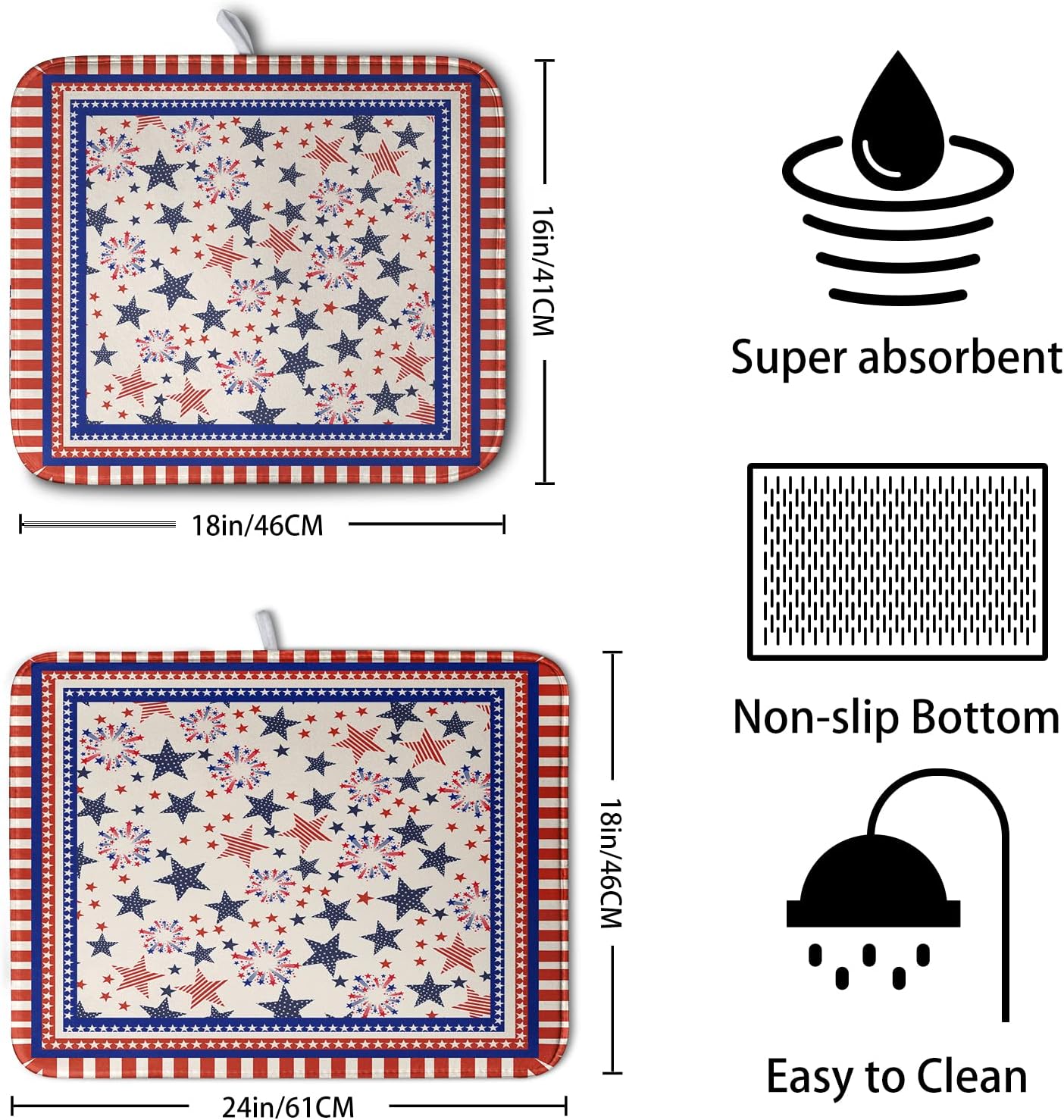 Happy 4th of July Patriotic Dish Drying Mat 16 x 18 Inch US Independence Day Vintage Star Kitchen Drying Mat Blue White Red Dish Drainer Mats Super Absorbent Dish Rack Pad for Coffee Bar Sinks