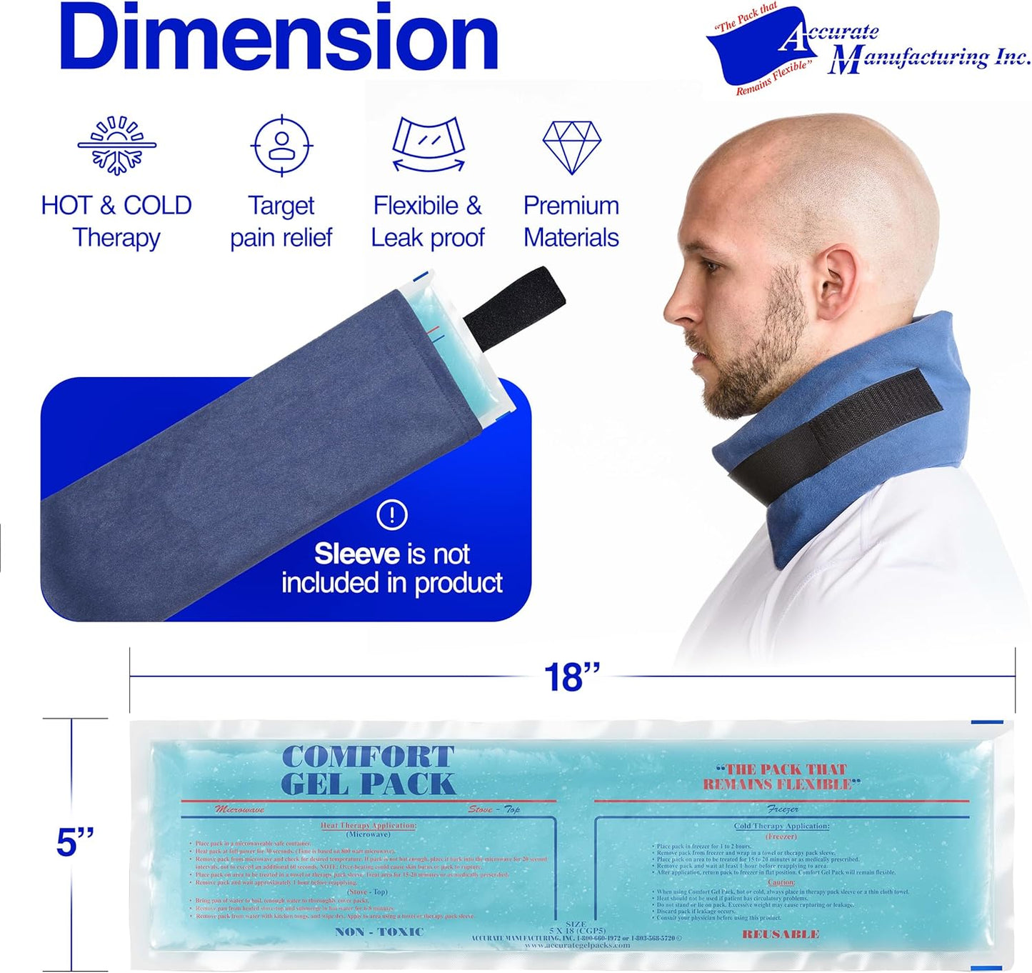 Flexible Reusable Gel Packs for Neck, Wrist, Arm, Back and Shoulder Pain Relief - Versatile Hot or Cold Gel Packs for Injuries, Sore Muscles or Toothache Pain Relief, Blue, 5" x 18", 1 Pack