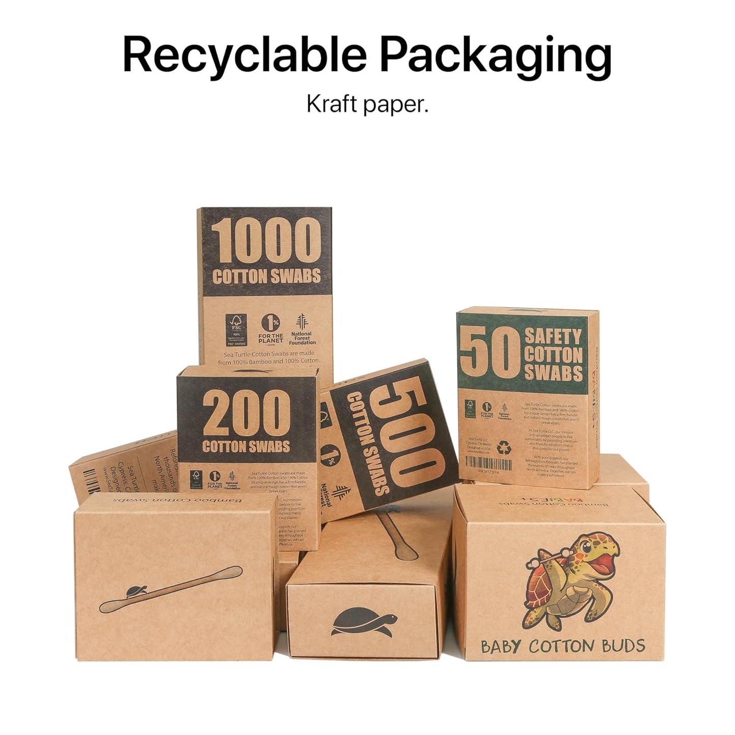 Sea Turtle Bamboo Cotton Swabs (200 Count) - Vegan, Eco Friendly, Organic, Double Tips, Plastic Free Wooden Ear Sticks, All Natural 100% Biodegradable Cotton Buds