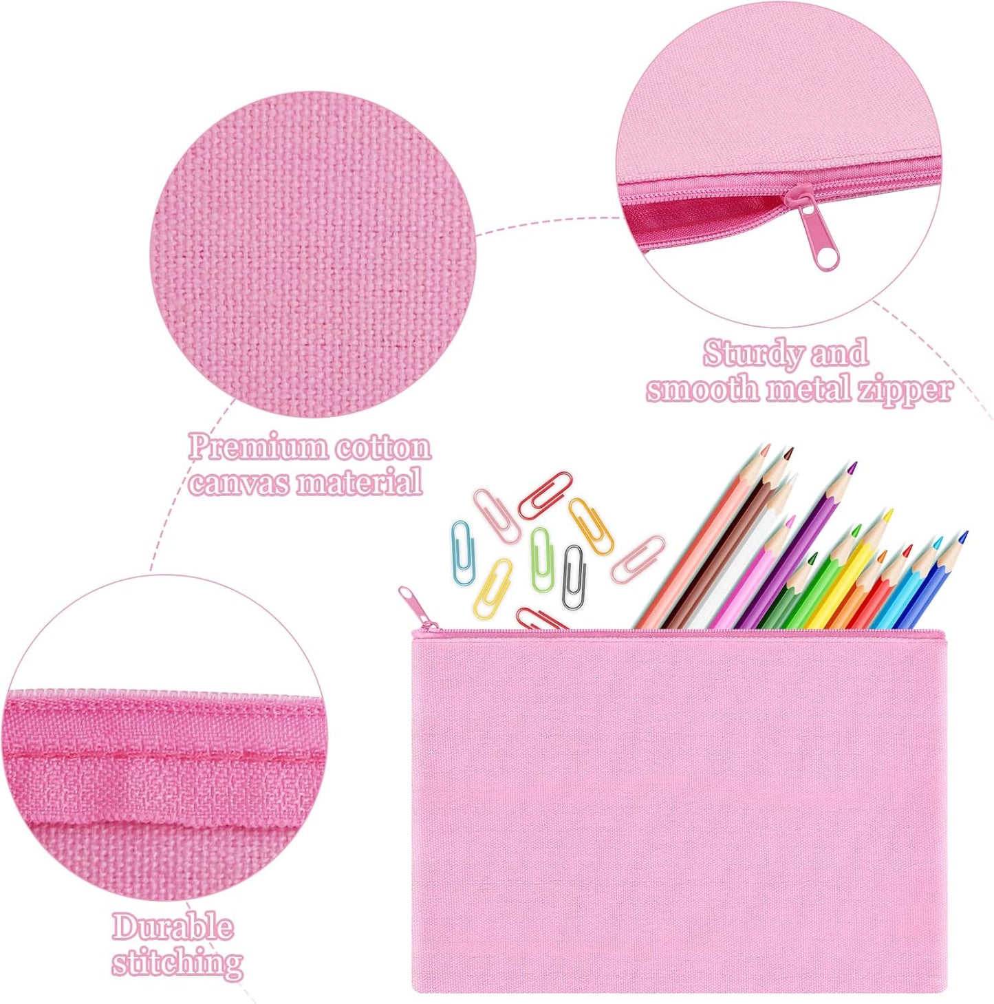 12 Pieces Cotton Canvas Makeup Bag, Multipurpose Cosmetic Bag with Zipper Travel Toiletry Pouch, Blank DIY Craft Bag (Pink, L)