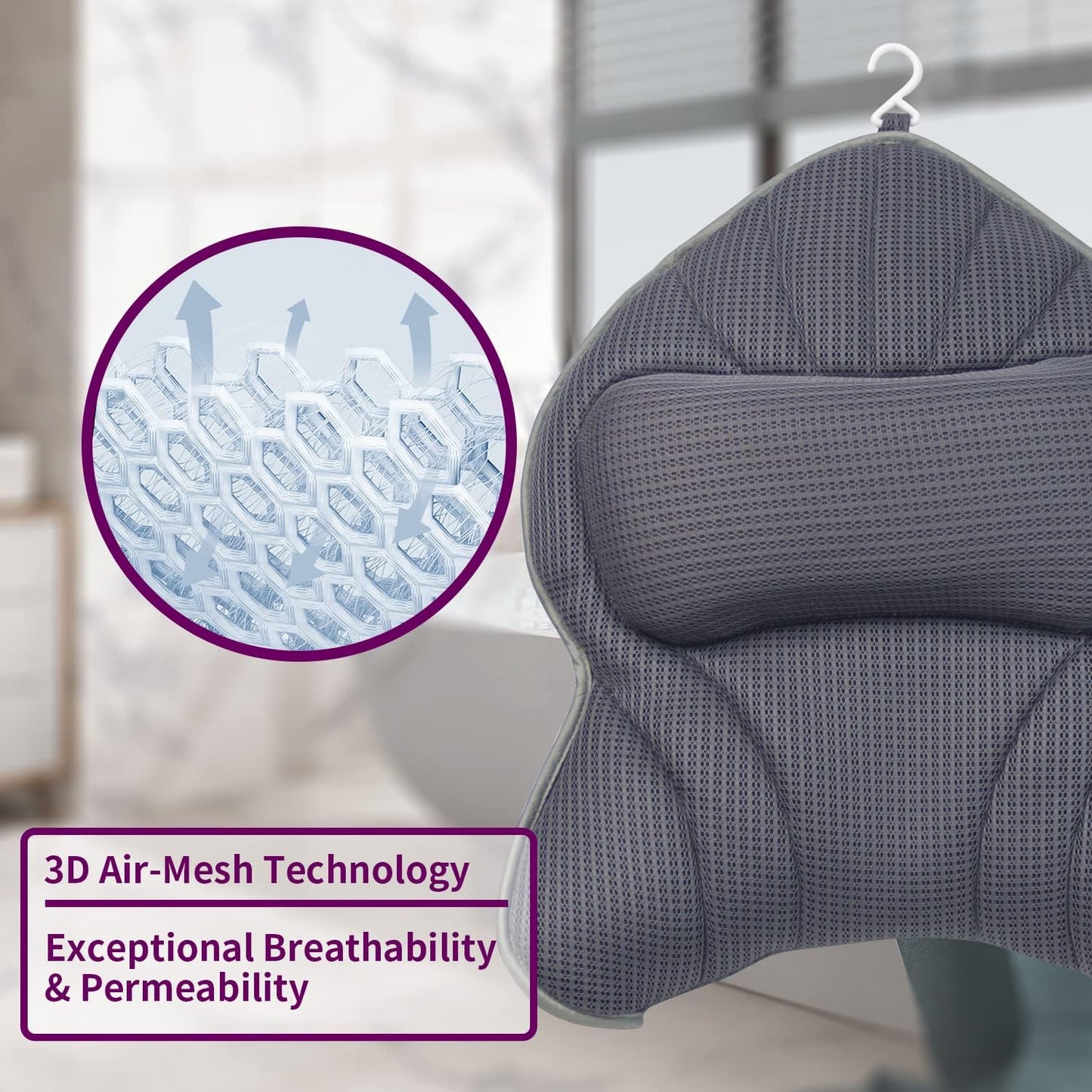 Extra Thick Large Bath Pillow with Neck,Back,Head Support for Bathtub, Spa, Soaking Gray(19''x15'')