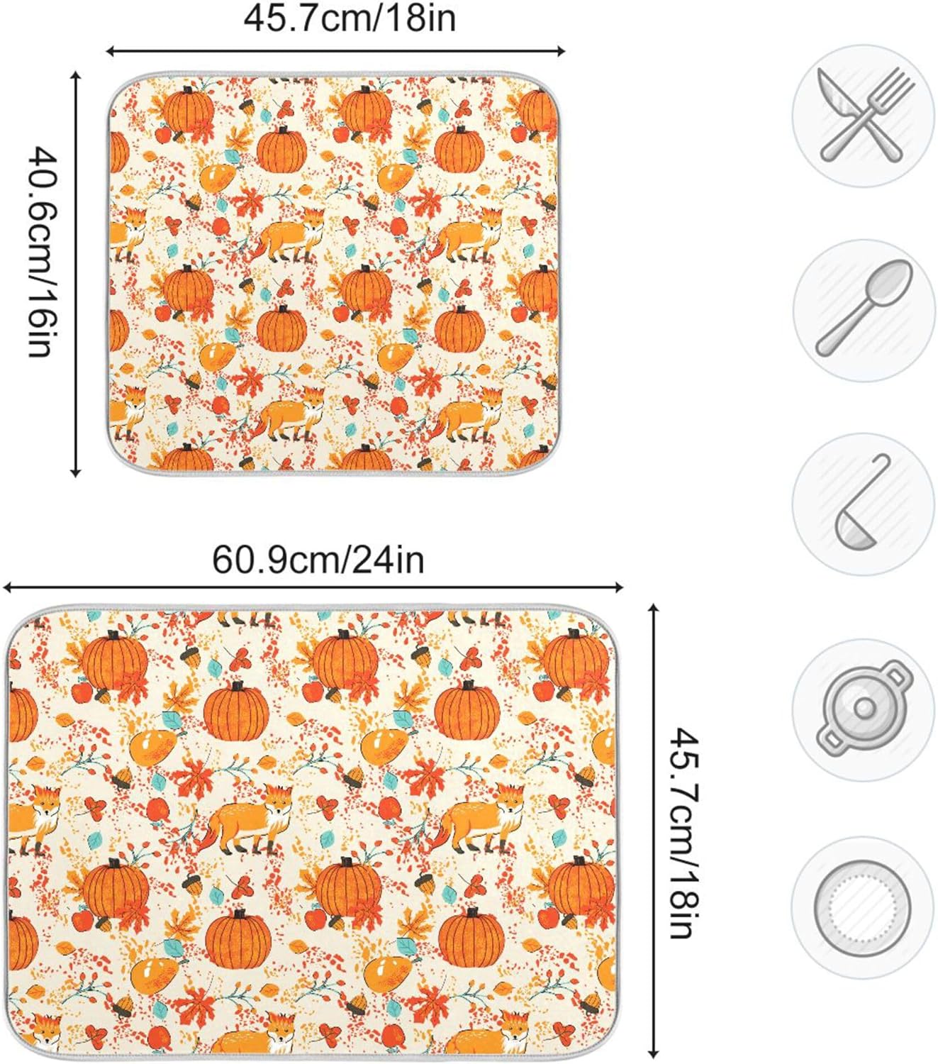 Fall Fox Dish Drying Mat for Kitchen Countertop 18x24 Autumn Chestnuts Pumpkin Berry Thanksgiving Day Large Drying Mat Reusable Quick Dry Dish Sink Mats Easy Clean Decorative Essentials