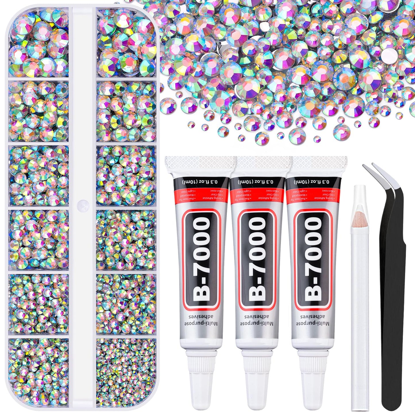 6000Pcs Resin Rhinestones for Bedazzling with 3Pcs B7000 Jewelry Glue, 1 Box AB Flatback Rhinestones for Crafting Crafts DIY, Crystals Gems for Clothing Shoes Tumblers Nail Art Makeup