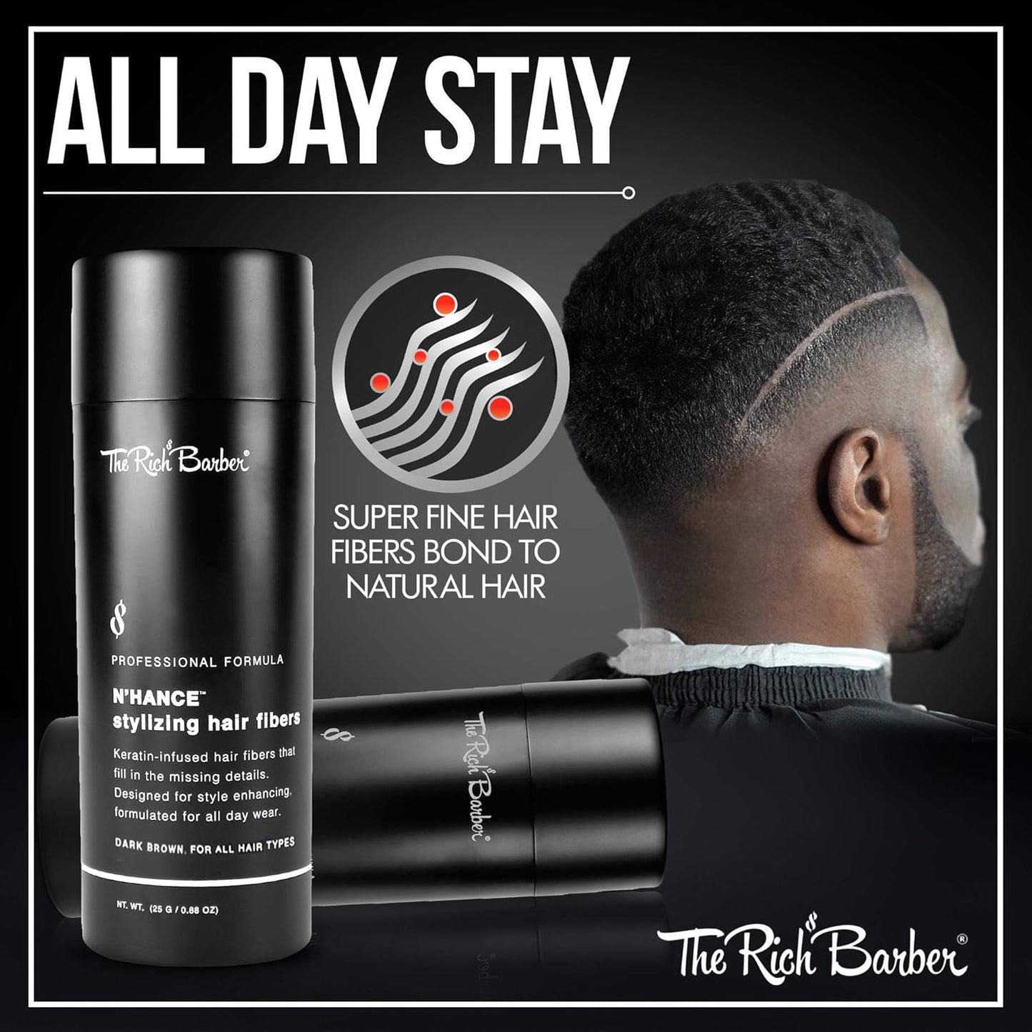 The Rich Barber N’Hance Hair Building Fibers, 3 Month Supply - Barber Hair Thickening Fibers, 25 grams - Grey Hair Concealer Spray - Sharper Hairlines, Thicker Beard & Fuller Hairstyling (Dark Brown)