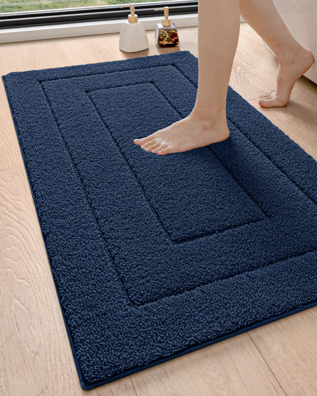 DEXI Bathroom Rug 43x24, Non Slip Washable Bath Mat for Shower Floor, Extra Large Absorbent Soft Bathmat with Rubber Backing, Quick Dry Microfiber Carpet, Navy