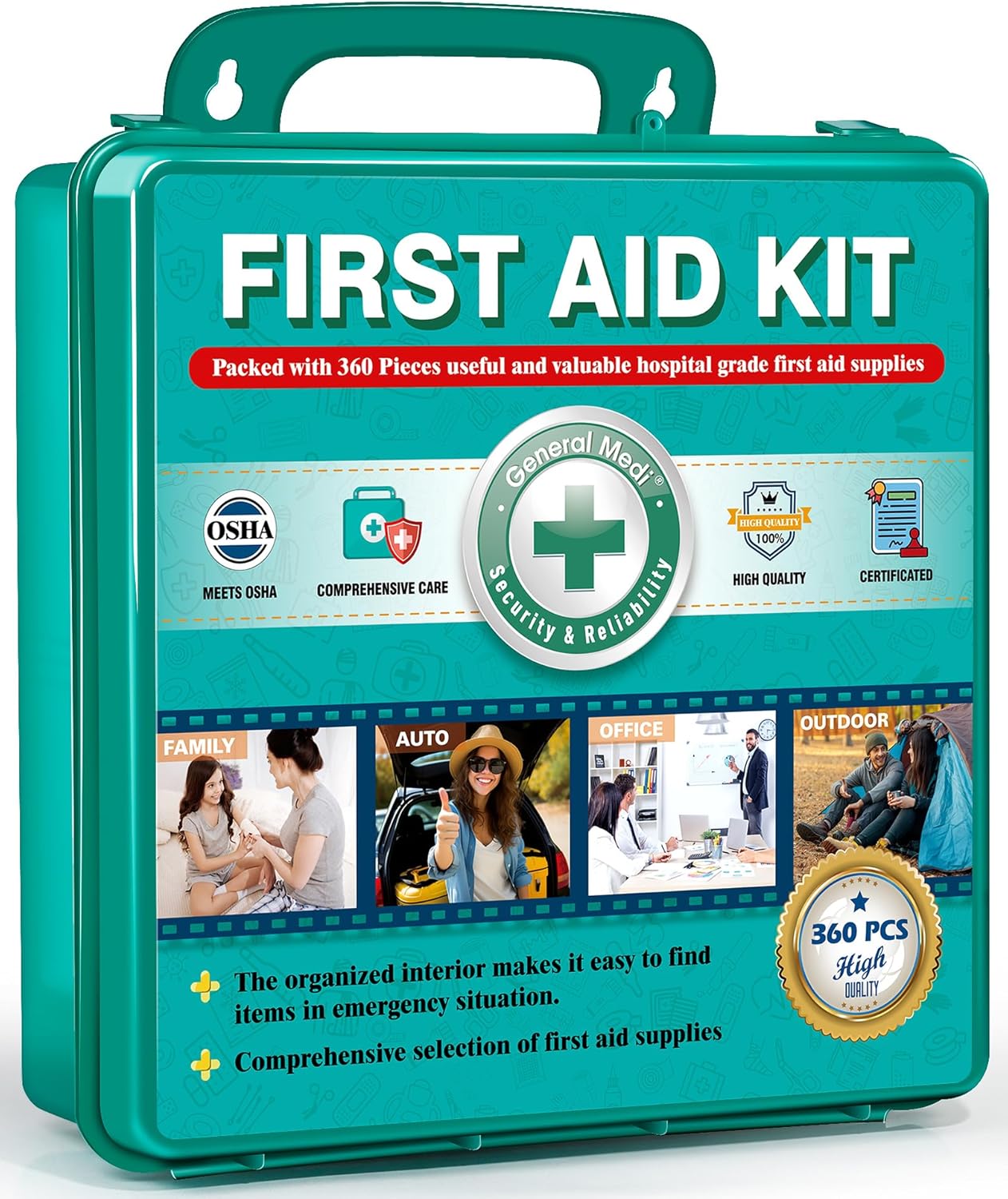 General Medi 360 Pieces Hardcase First Aid Kit - Comprehensive Large First Aid Box Contains Premium Medical Supplies for Travel, Home, Office, Vehicle, Camping, Workplace & Outdoor