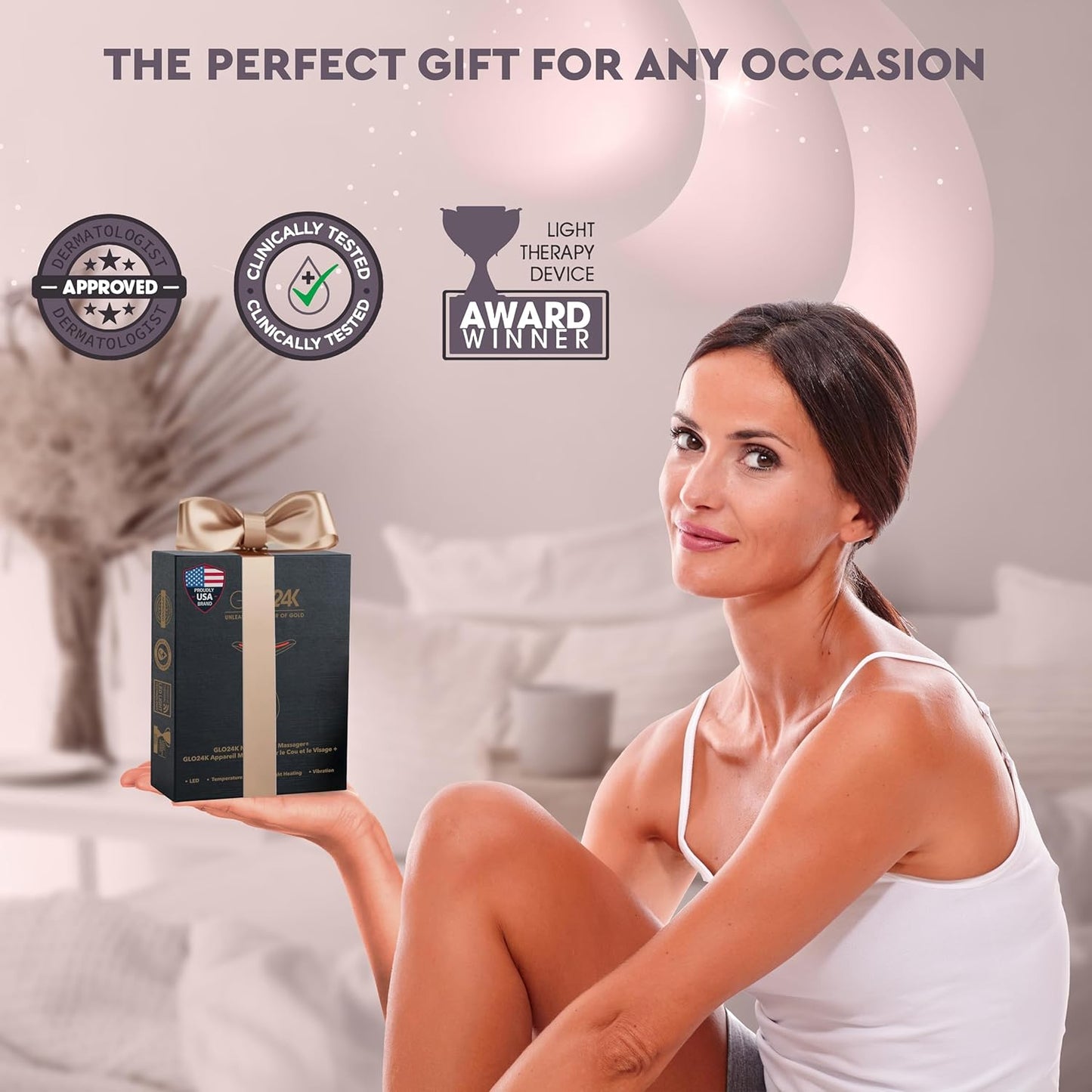 GLO24K Red Light for Face & Neck Beauty Device – Anti-Aging - 3 in 1 Facial Massager Tool and Neck Care Device for Turkey Neck, Anti Wrinkle, Face and Neck Massager for Women