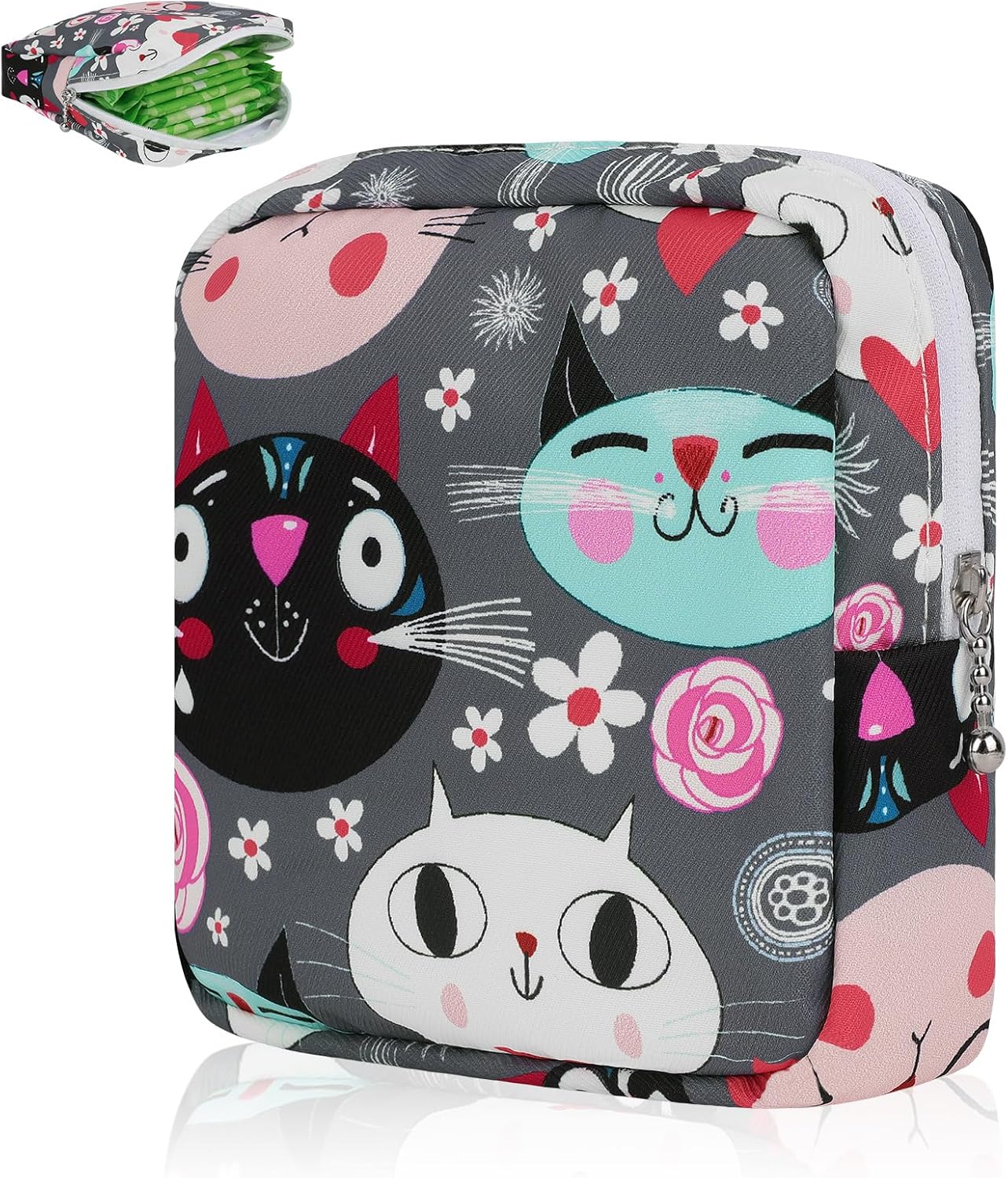 Desing Wish Sanitary Pad Storage Bag Portable Period Bag for Teen Pads/Sanitary Napkins/Small Tampons, Sanitary Napkin Storage Bag First Period Gifts for Teen Girls (Grey Cats)