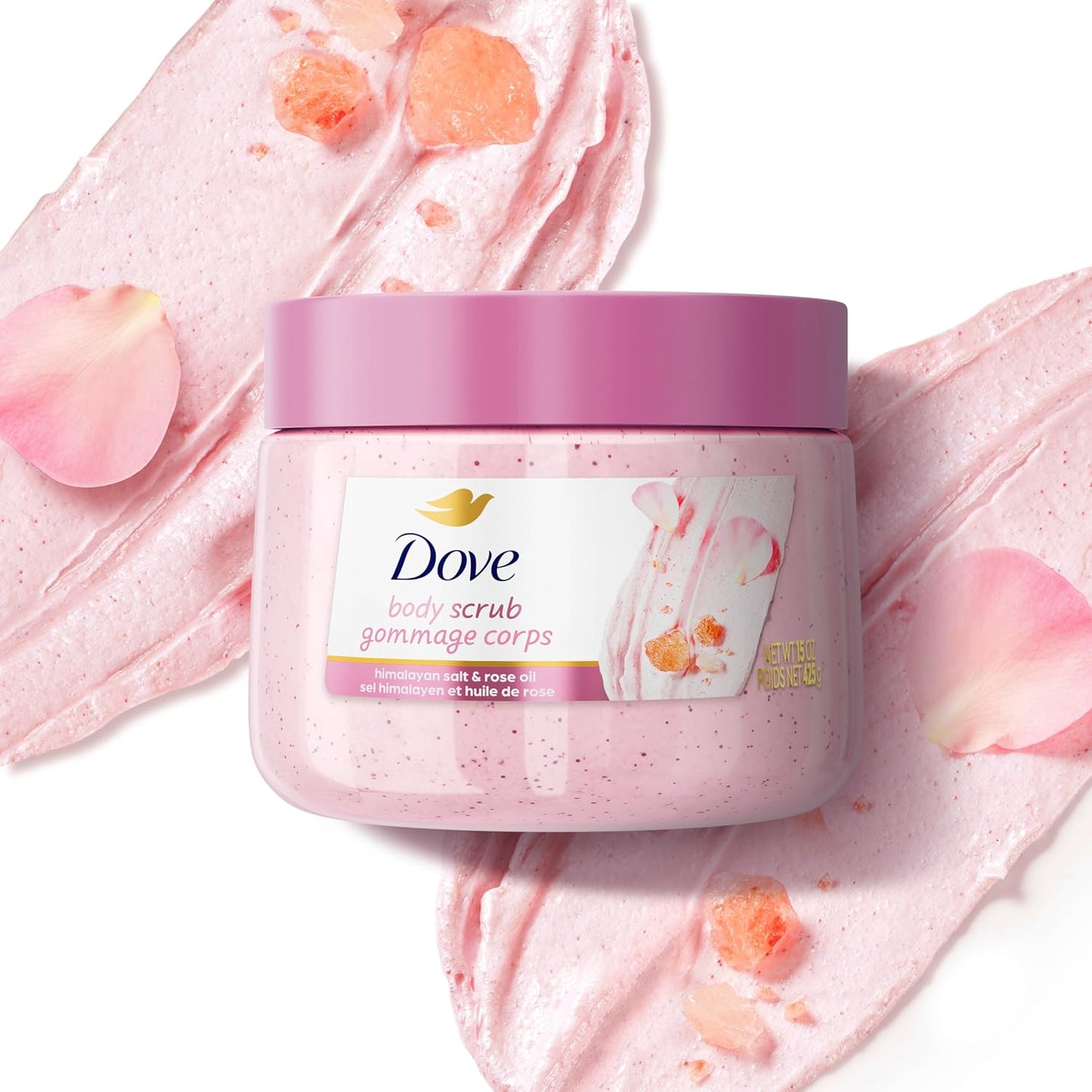 Dove Himalayan Salt & Rose Oil Body Scrub Exfoliates and Deeply Nourishes for Smooth, Radiant Skin 15 oz