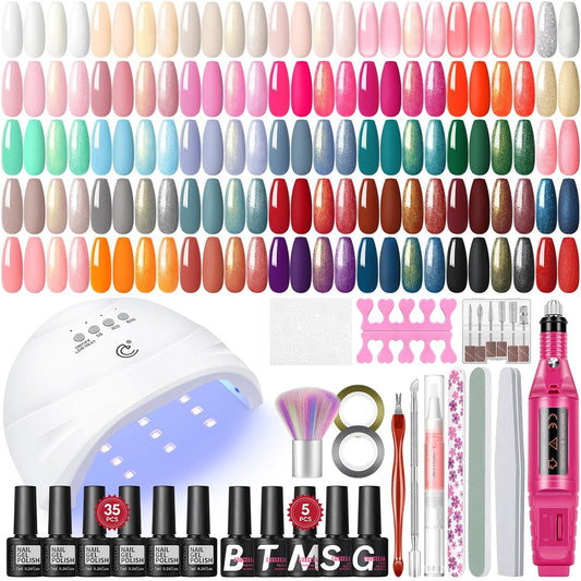 COSCELIA Gel Nail Polish Kit with U V light and Drill Starter Kit 35 Colors Gel Nail Polish with 5pcs Top Base Coat Nail Art All Seasons Professional Gel Manicure Kit DIY at Home Gifts for Women