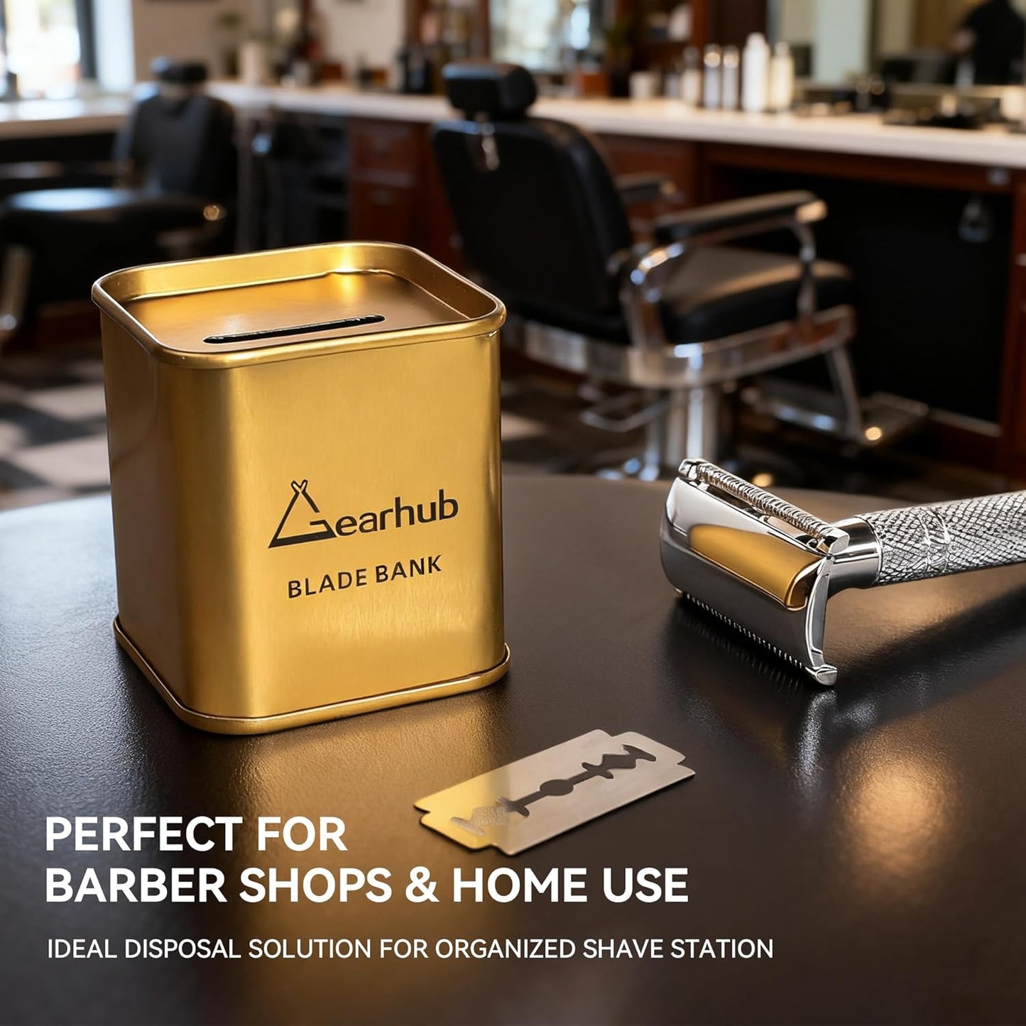 Gearhub Blade Bank Safely Store Used Safety Razor Blades Large Capacity Disposal for Barber Shops & Personal Use Sealed Design Holds 300+ Blades Matte Gold