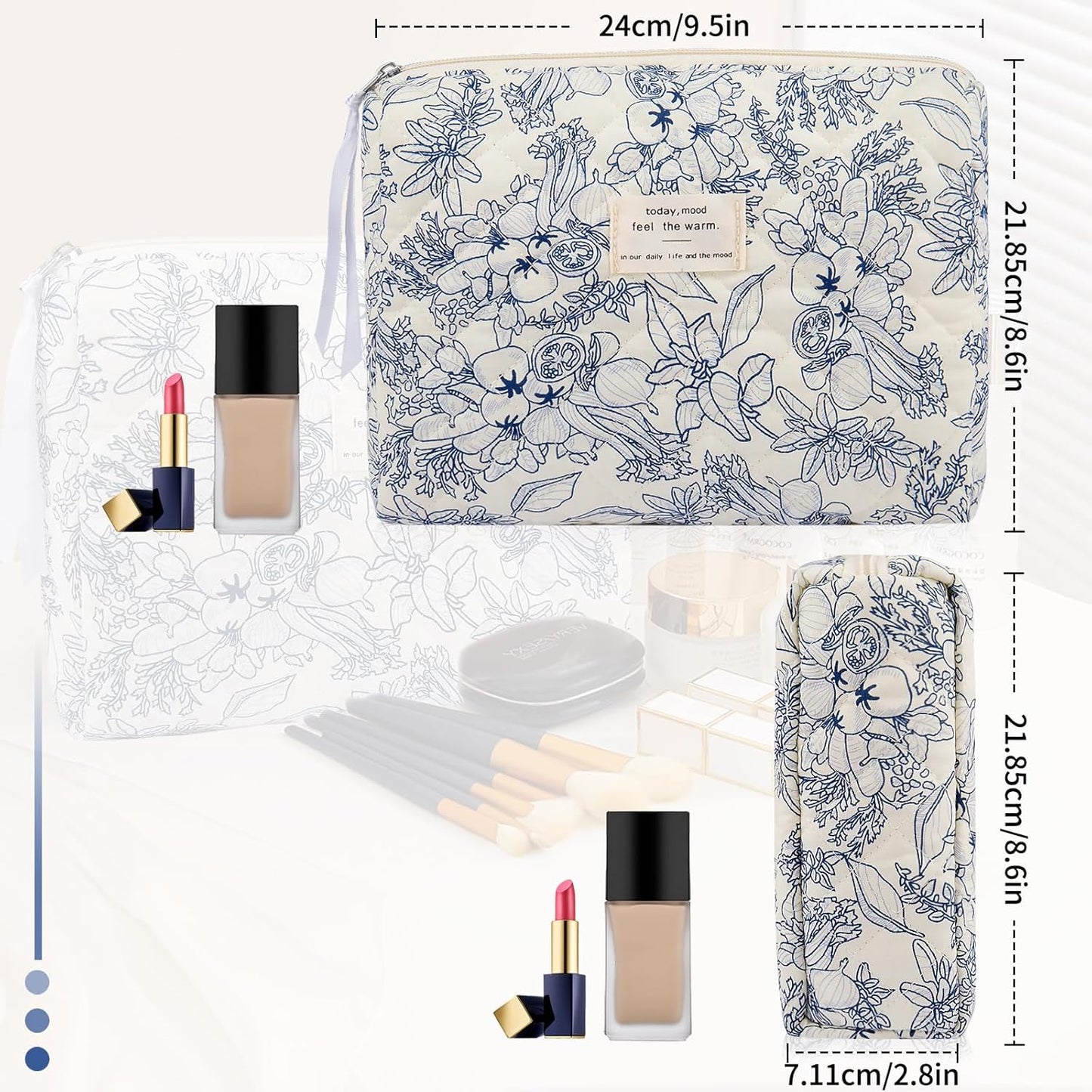 Floral Makeup Bag, Small Cosmetic Bag for Women Girls, Cute Cotton Makeup Bag, Quilted Makeup Bags, Flower Travel Toiletry Organizer Bag(Navy Blue)