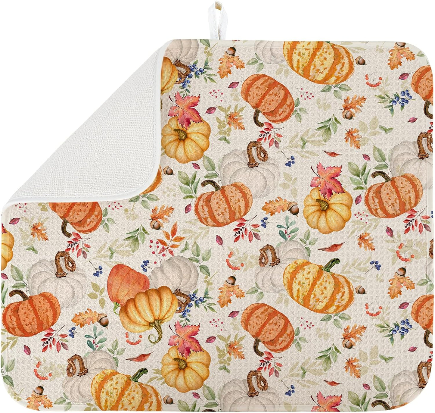 Dish Drying Mat for Kitchen Counter Large 18" x 24" Fall Pumpkin Absorbent Microfiber Dishes Drainer Rack Mats Pad Reusable Washable