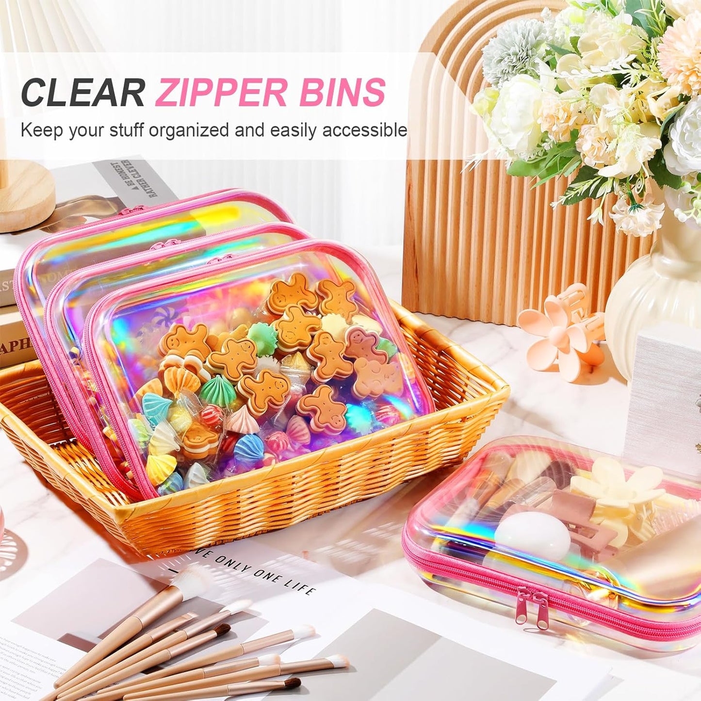 Hoolerry 4 Pcs Hard Clear Zipper Case Makeup Bags Plastic Pencil Pouch Transparent Storage Box Containers for Cosmetics, Snacks, Building Blocks, Puzzles(Pink Laser,9.8 x 7.9 x 2 in)