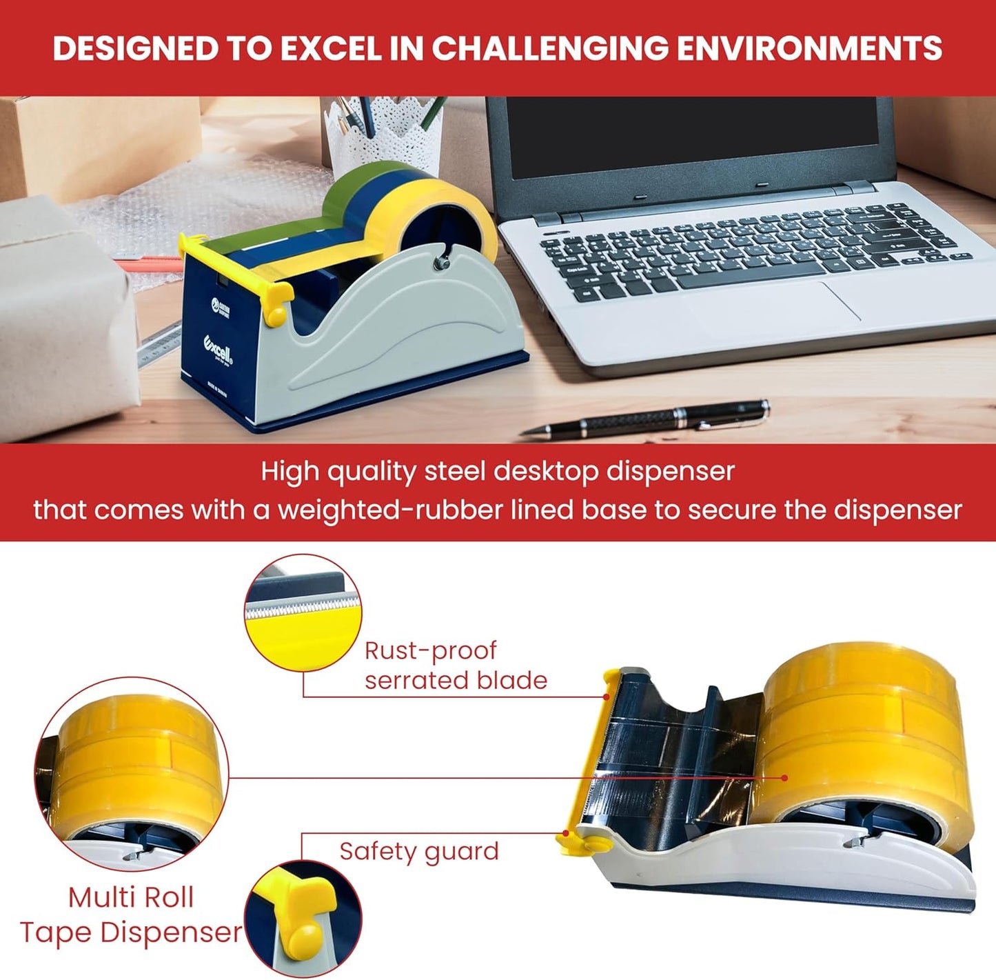 GGR Supplies ET-13370 Blue/Grey Premium Multi-Roll Steel Desk Top Tape Dispenser: 3 in. Wide (3 in. core). Manufactured by Excell