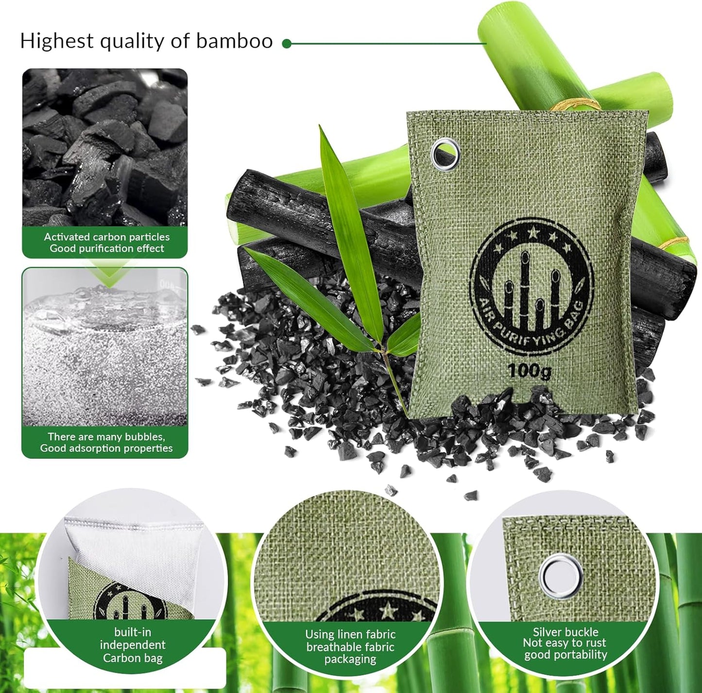 4 Pack charcoal odor absorber,Bamboo Charcoals Air Purifying Bag Charcoals Deodorizer Eliminator for Strong Odors in Car, Closet, Shoe, Basement (100G*4 Pack Green, Unscented)