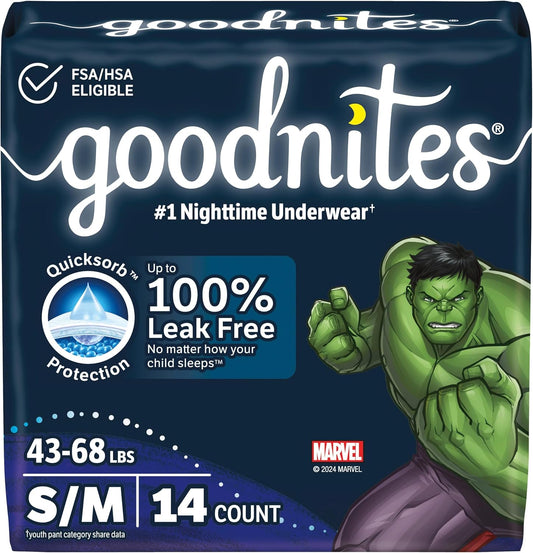 Goodnites Boys' Nighttime Bedwetting Underwear, Size S/M (43-68 lbs), 14 Ct, Packaging May Vary