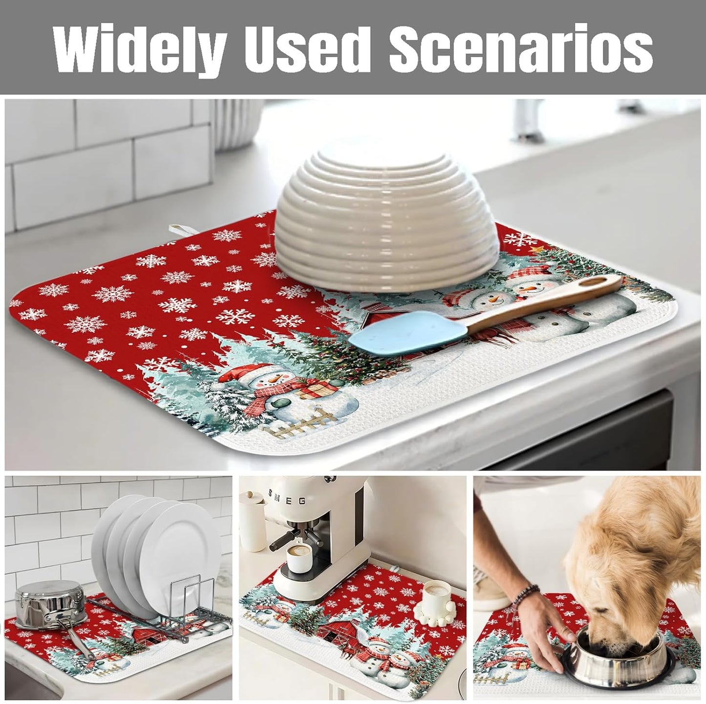 Dish Drying Mat for Kitchen Counter Large 18" x 24" Christmas Farmhouse Rustic Snowman Absorbent Microfiber Dishes Drainer Rack Mats Pad Reusable Washable
