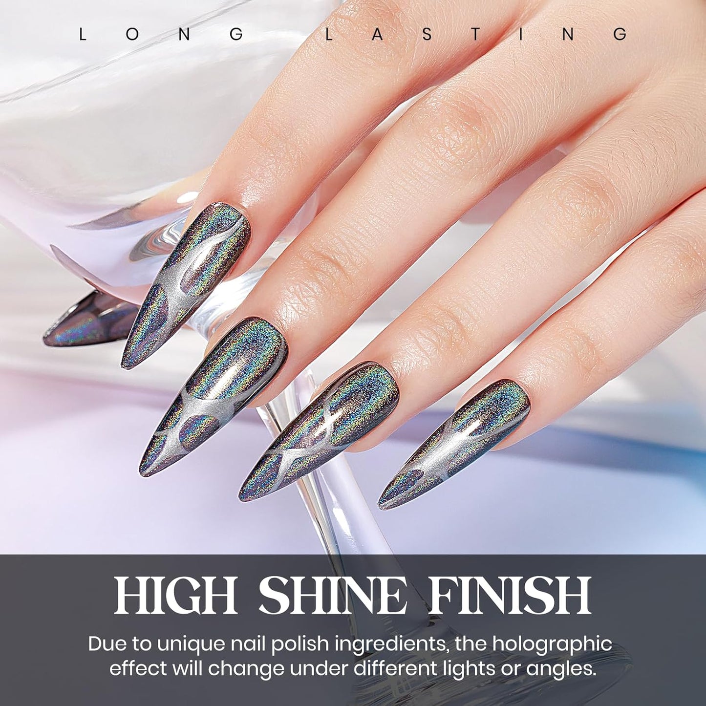 MIZHSE Holographic Nail Polish, Black Glitter Nail Polish Air Dry Fast, 15 ml 0.5 fl oz High Glossy Shiny Nail Pigment Oil-based Laser Iridescent Chrome Halo Nail Art Salon Manicure Home