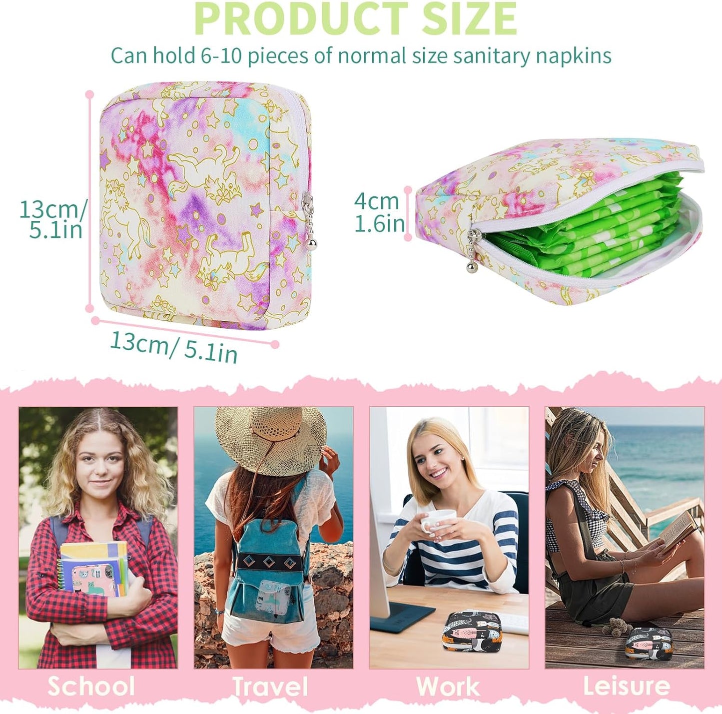 Desing Wish Portable Period Bag for Teen Pads & Sanitary Napkins, Small Tampons - Sanitary Napkin Storage Bag & First Period Gift for Teen Girls (Dazzling Horse)