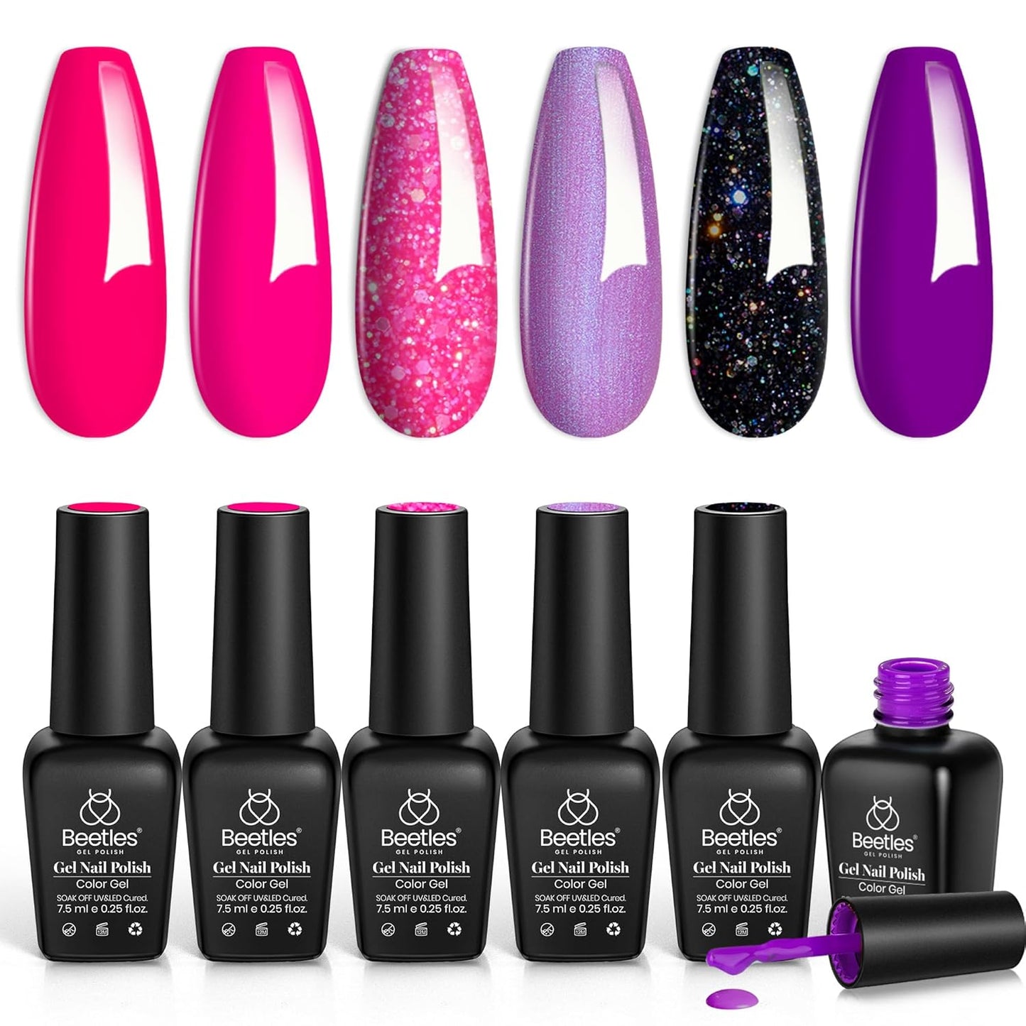 Beetles Purple Gel Nail Polish Set, 6 Colors Hot Pink Gel Nail Polish Kit Glitter Pink Purple Black Shimmer Soak Off Uv Dreamy Swirl Thread Effect DIY Manicure Gift for Women